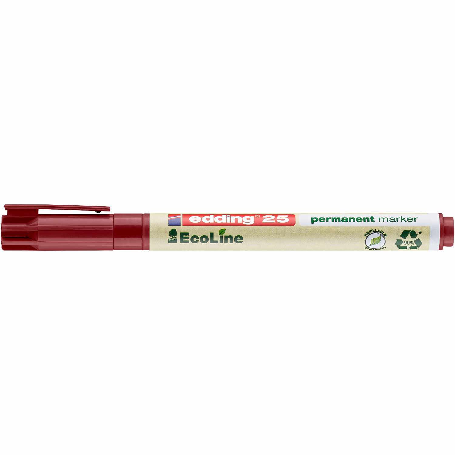 25 EcoLine Permanentmarker 1mm von edding in Rot, liegend auf weißem Hintergrund, mit Recycling-Symbolen.