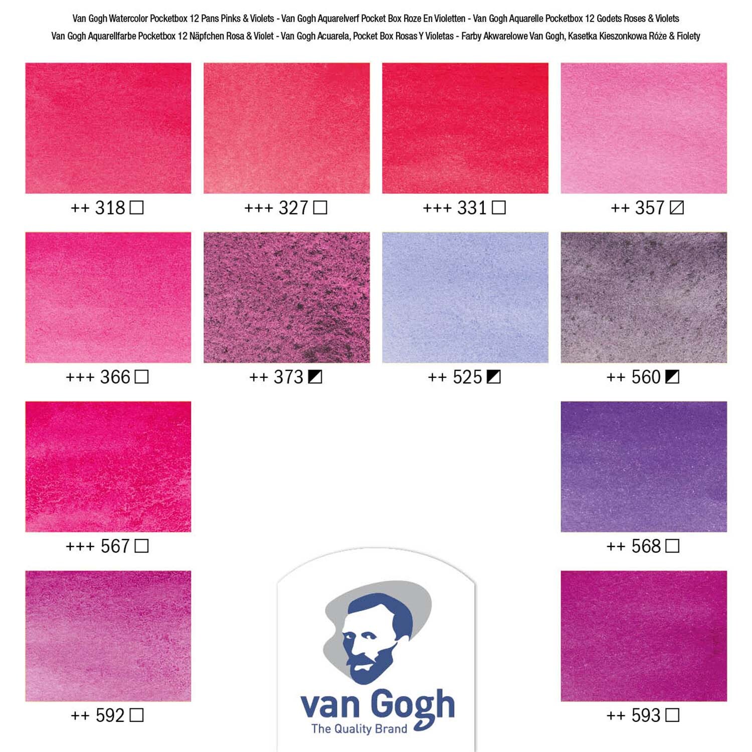 Aquarell Set Rosa-Violett 12 Näpfchen zeigt eine Auswahl an Rosa- und Violetttönen von van Gogh.