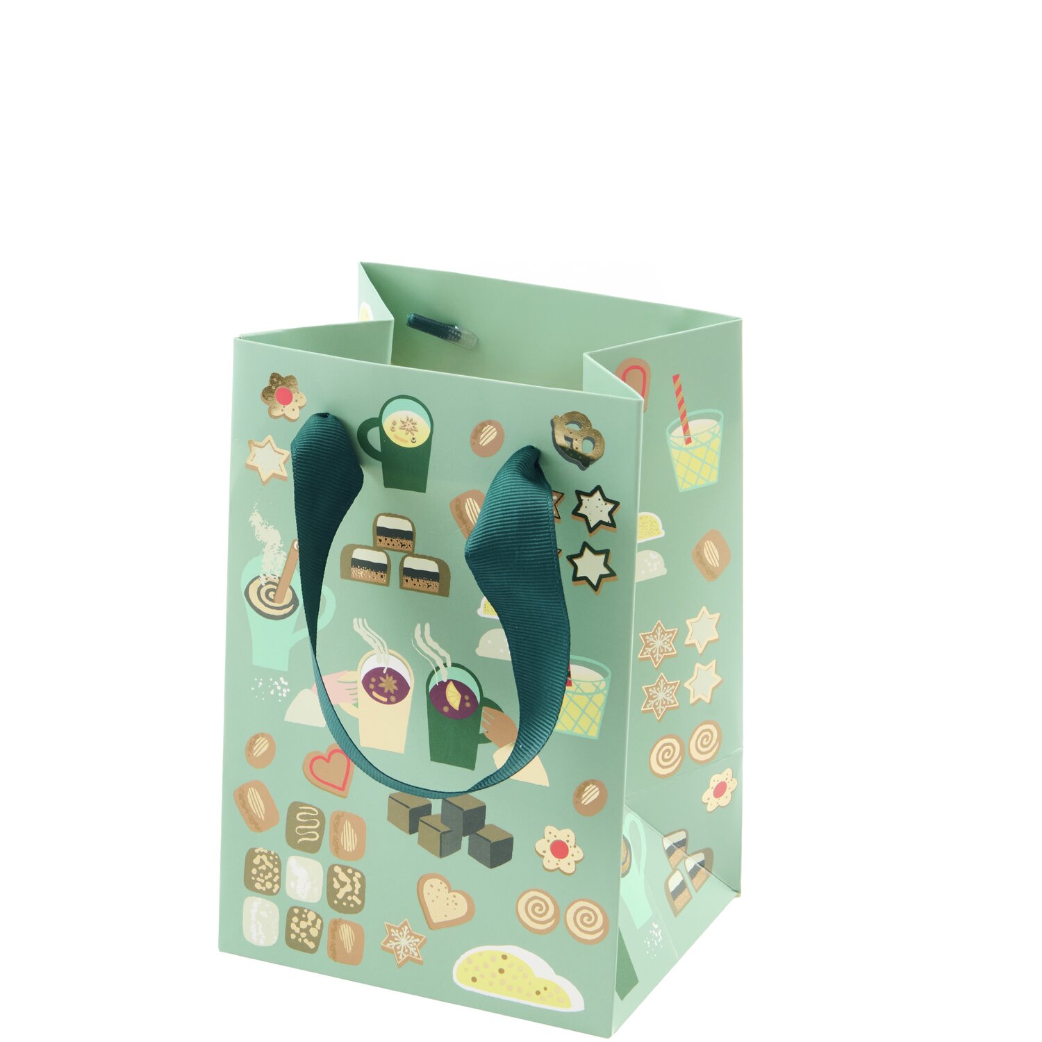 Geschenktüte Weihnachtsgebäck XS mit bunten Gebäckmotiven und blauen Griffen, ideal für festliche Anlässe.