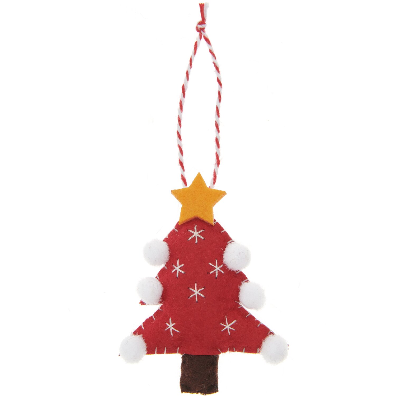 Weihnachtsbaum Filz: Roter Filzanhänger von Rico Design, verziert mit weißen Pompons und gelbem Stern. Maße 9x2x7cm.