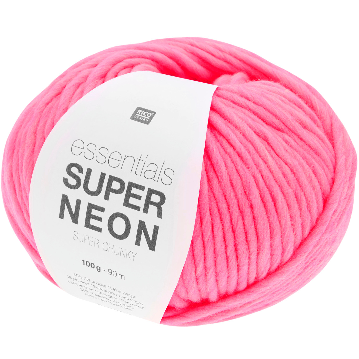 Essentials Super Neon Super chunky: Ein leuchtend pinkes Garnknäuel von Rico Design, 100g, 90m, ideal für voluminöse Strickprojekte.