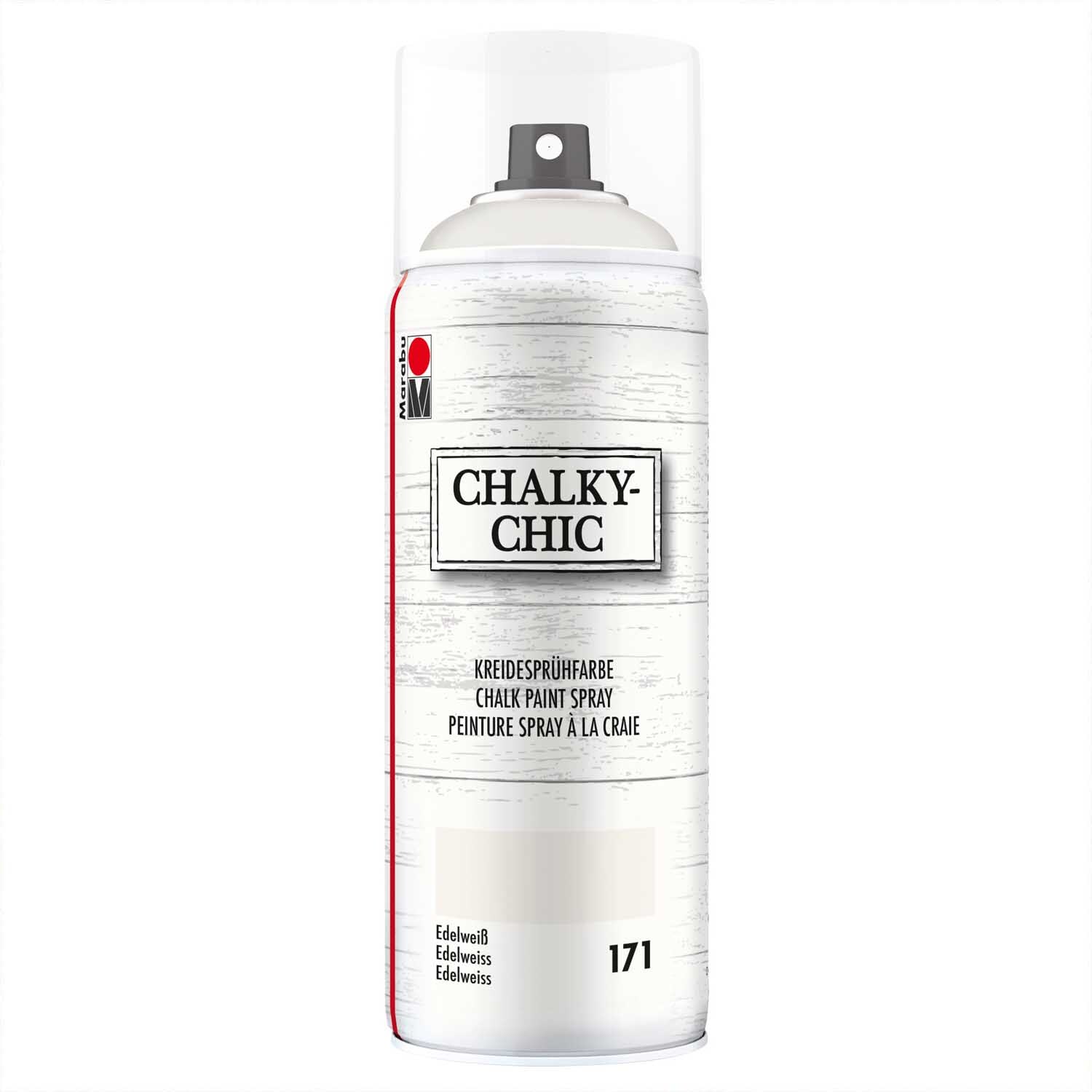 Kreidesprühfarbe Chalky-Chic 400ml von Marabu in Edelweiß. Die Spraydose zeigt das elegante Design.