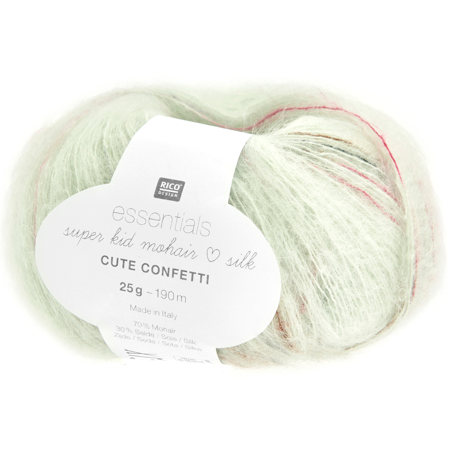 Essentials Super Kid Mohair Loves Silk Cute Confetti: Weiches, pastellgrünes Garn von Rico Design, ideal für leichte Sommerprojekte.