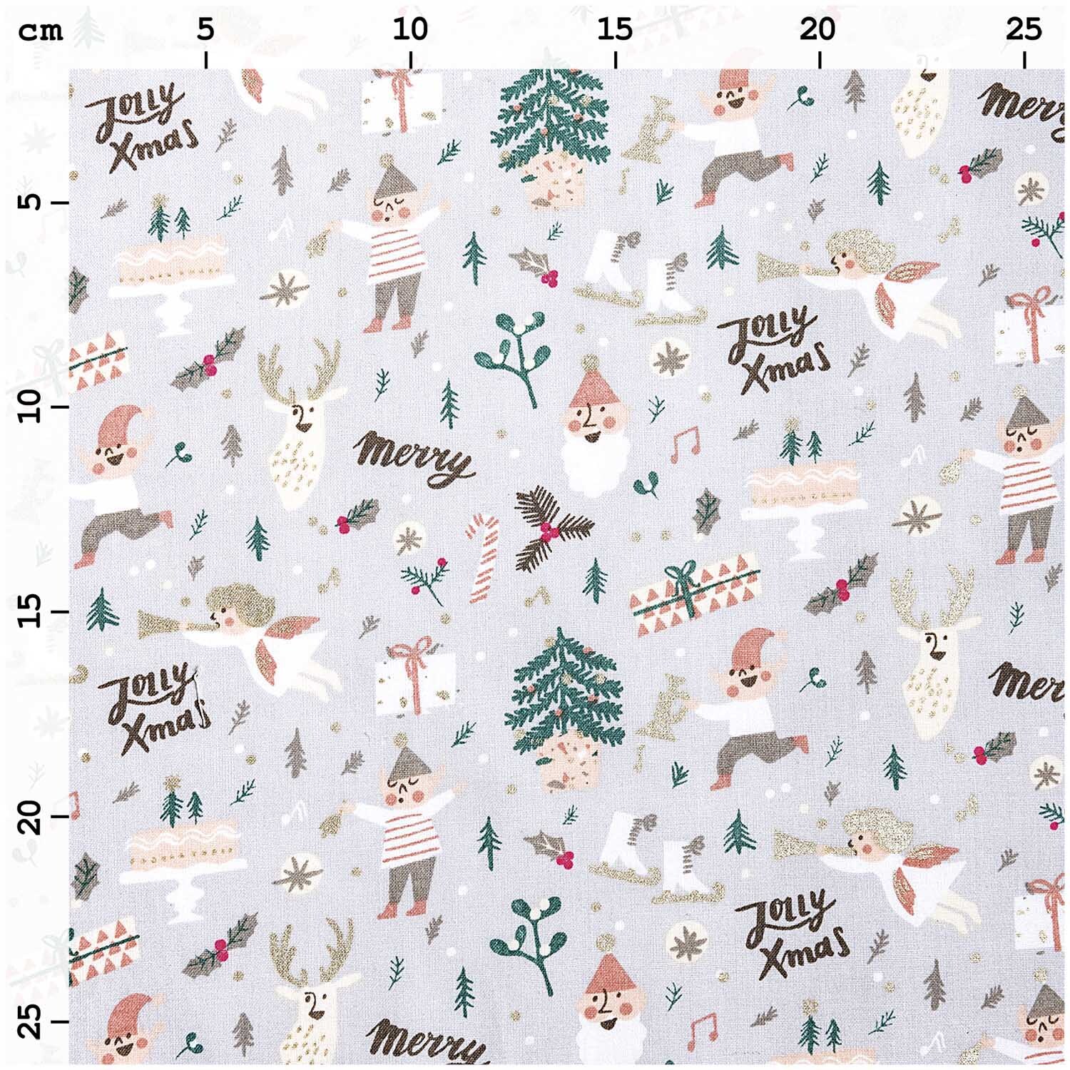 Druckstoff Elfen grau-gold-neon 50x140cm mit weihnachtlichen Motiven von Rico Design, inklusive Elfen, Rentieren und Tannenbäumen.