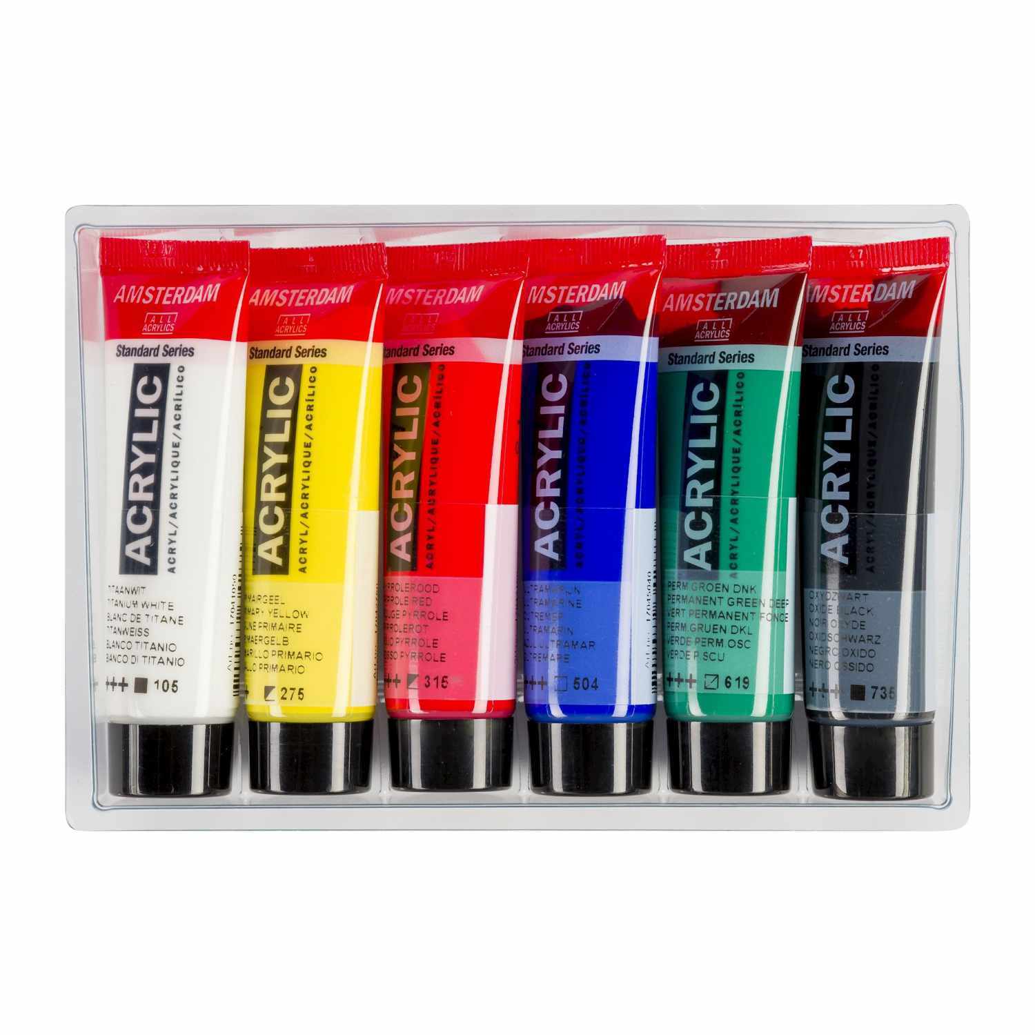 Acrylfarbe Set 6x20ml mit sechs Tuben in verschiedenen Farben von AMSTERDAM, ideal für kreative Projekte.