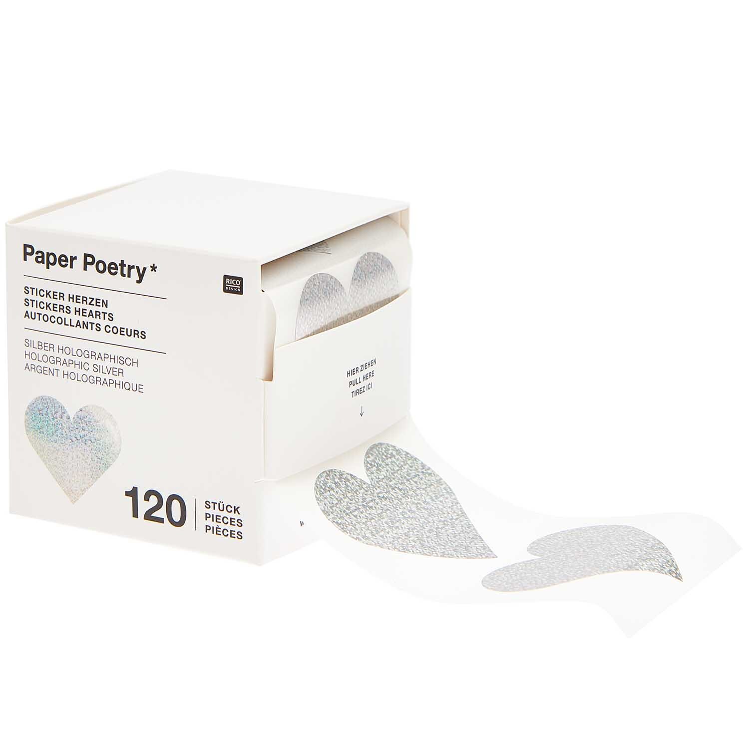 Paper Poetry Sticker Herzen 5cm 120 Stück auf der Rolle Hot Foil, silber-holographisch. Ideal für kreative Projekte und Dekorationen.