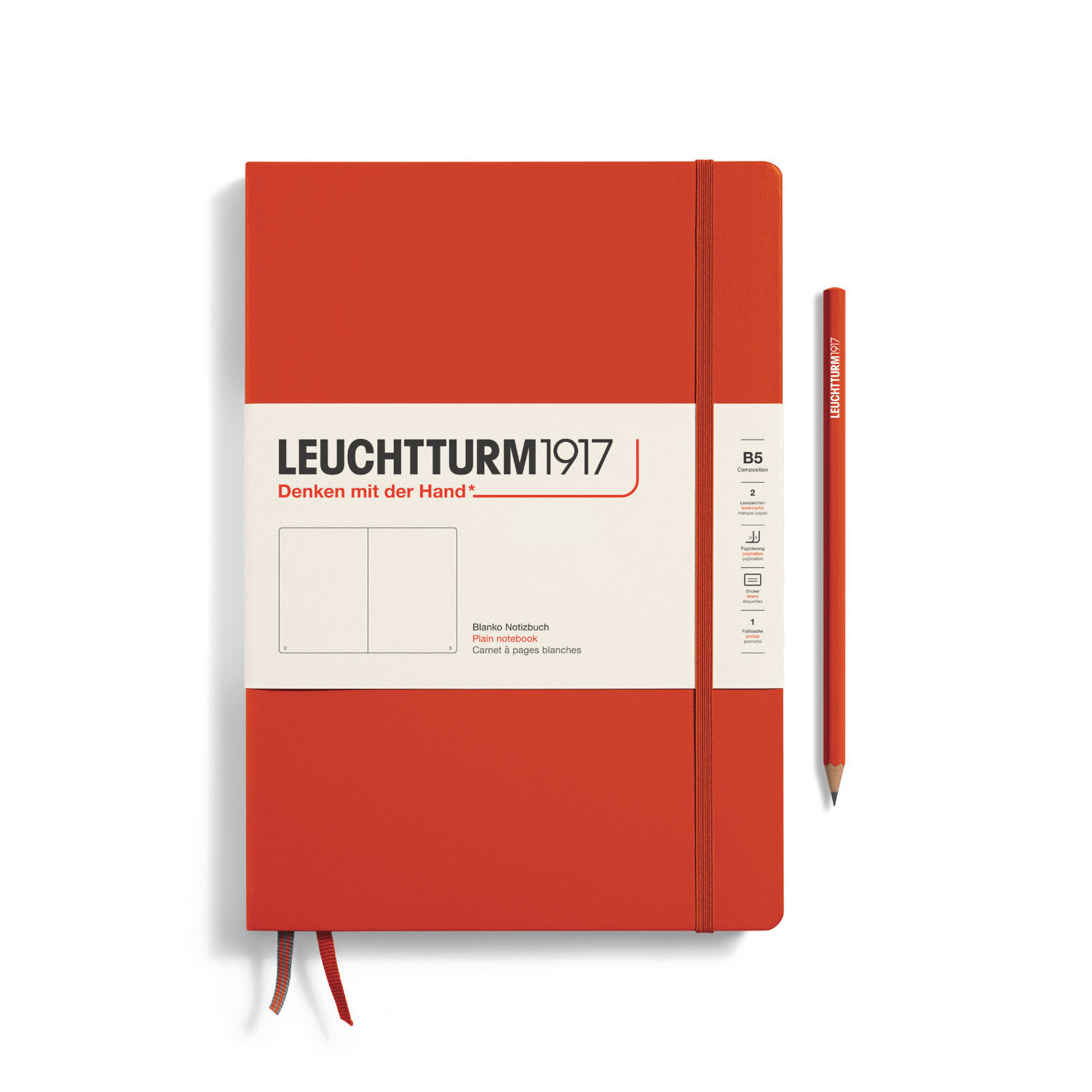 Notizbuch Composition blanko HardcoverB5 in Fox Red mit elastischem Verschlussband und Stiftschlaufe, Marke LEUCHTTURM1917.