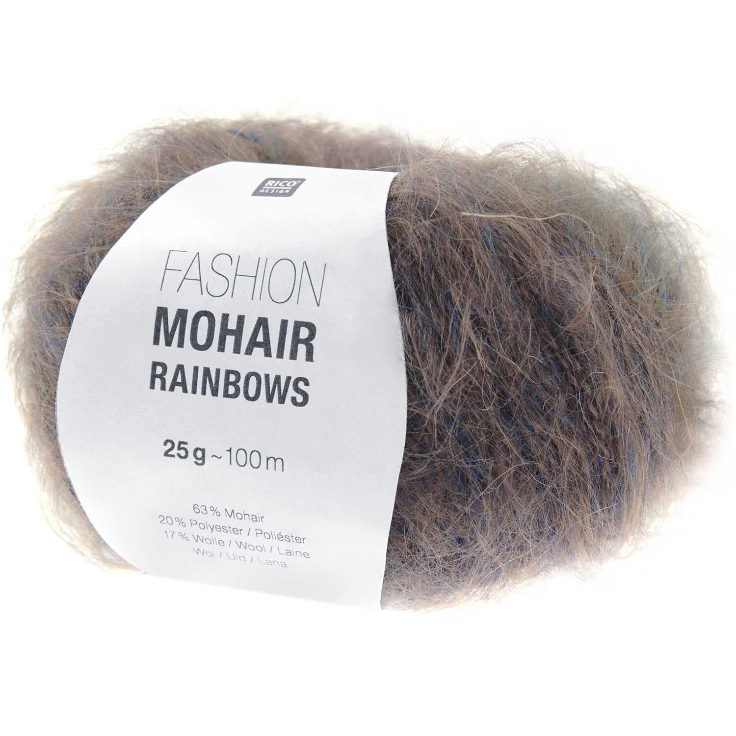 Fashion Mohair Rainbows Strickset zeigt ein weiches, mehrfarbiges Garnknäuel von Rico Design. Ideal für kreative Strickprojekte.