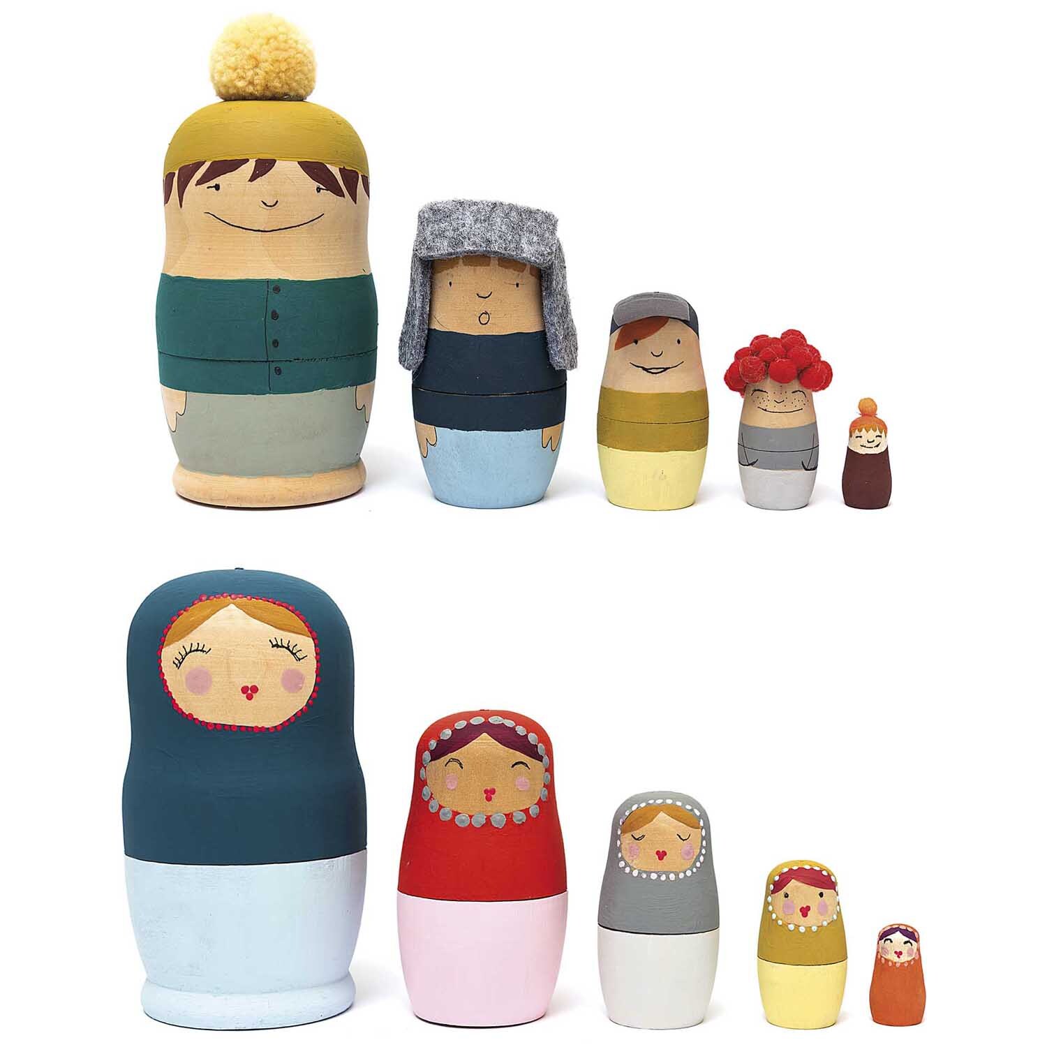 Matroschka Puppenrohlinge 5 Stück in verschiedenen Farben und Designs, ideal für kreative Bastelprojekte.