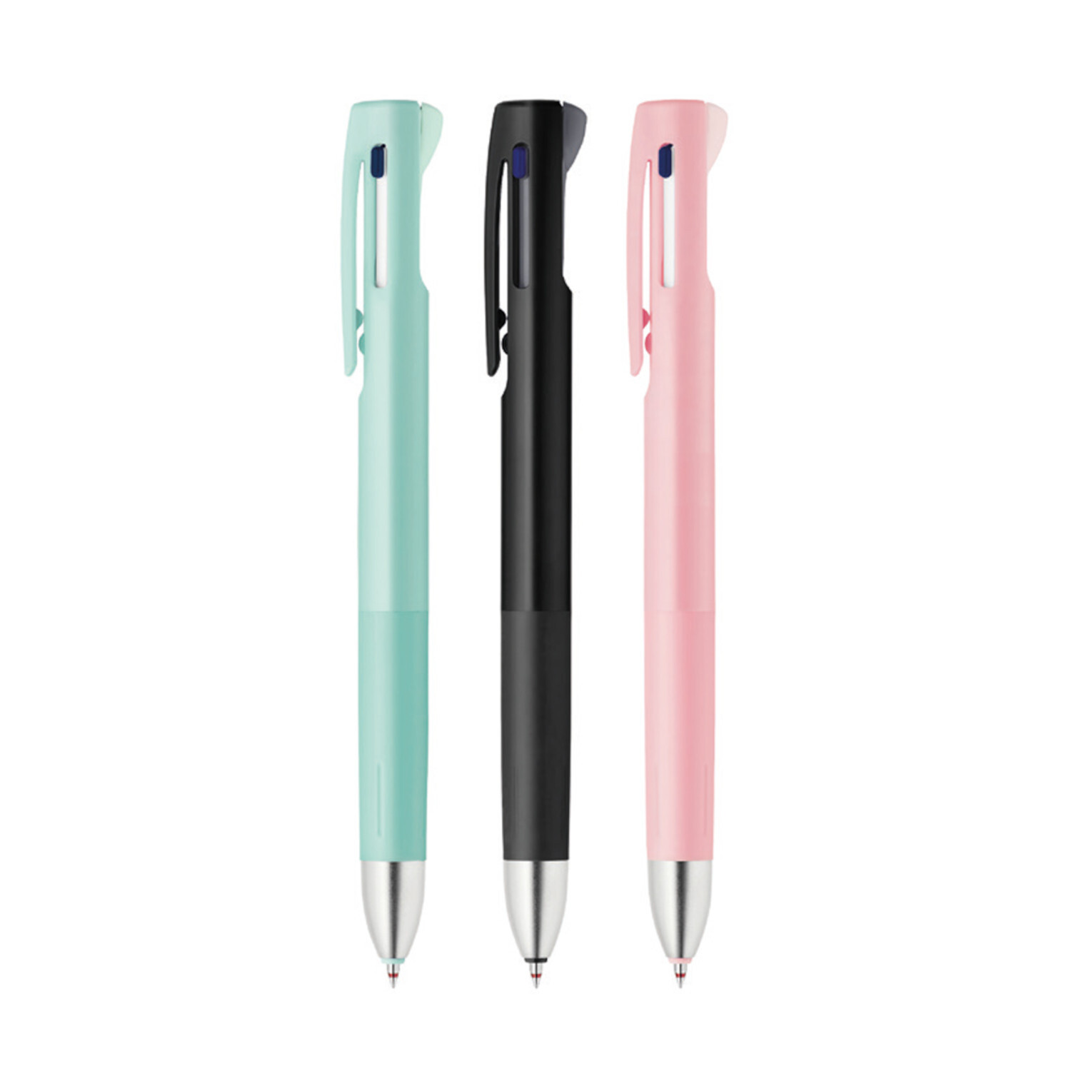 Kugelschreiber bLen 2+S von ZEBRA in drei Farben: Mintgrün, Schwarz und Rosa, mit silberner Spitze.