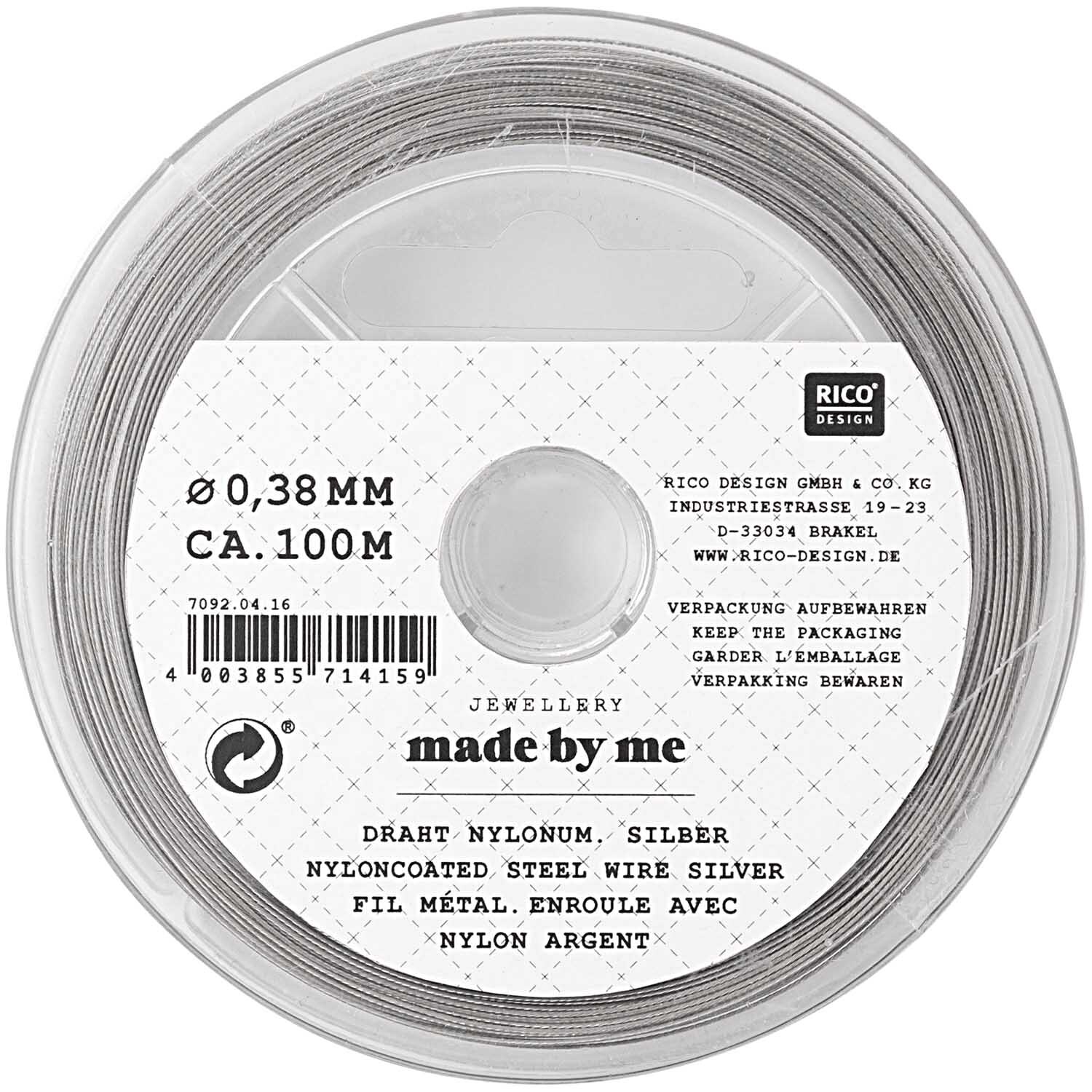 Draht silber 0,38mm 100m Nylonummantelt von Rico Design, auf Spule gewickelt, ideal für Schmuckherstellung.