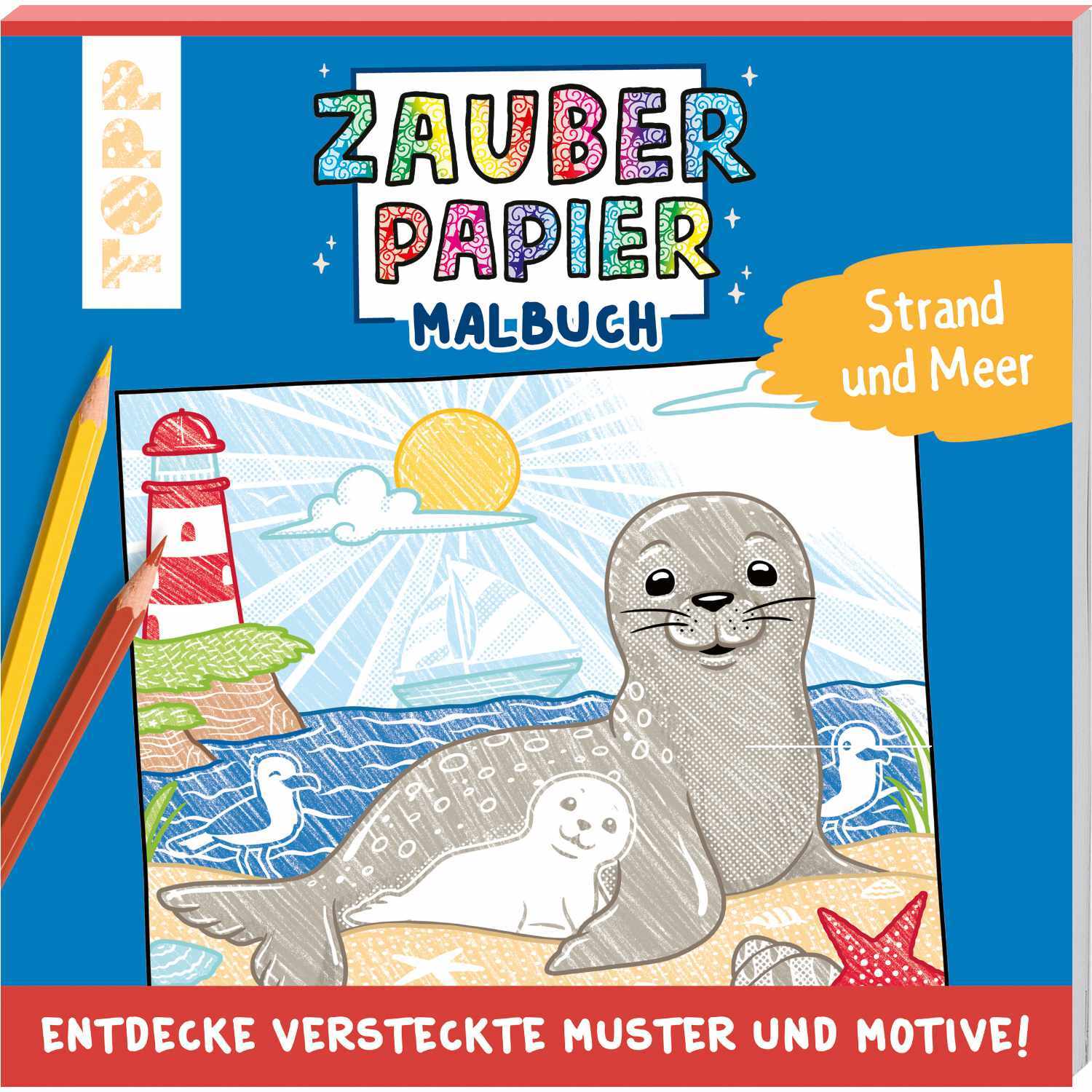 Zauberpapier Malbuch - Strand und Meer zeigt ein fröhliches Seehundmotiv am Strand mit Leuchtturm.