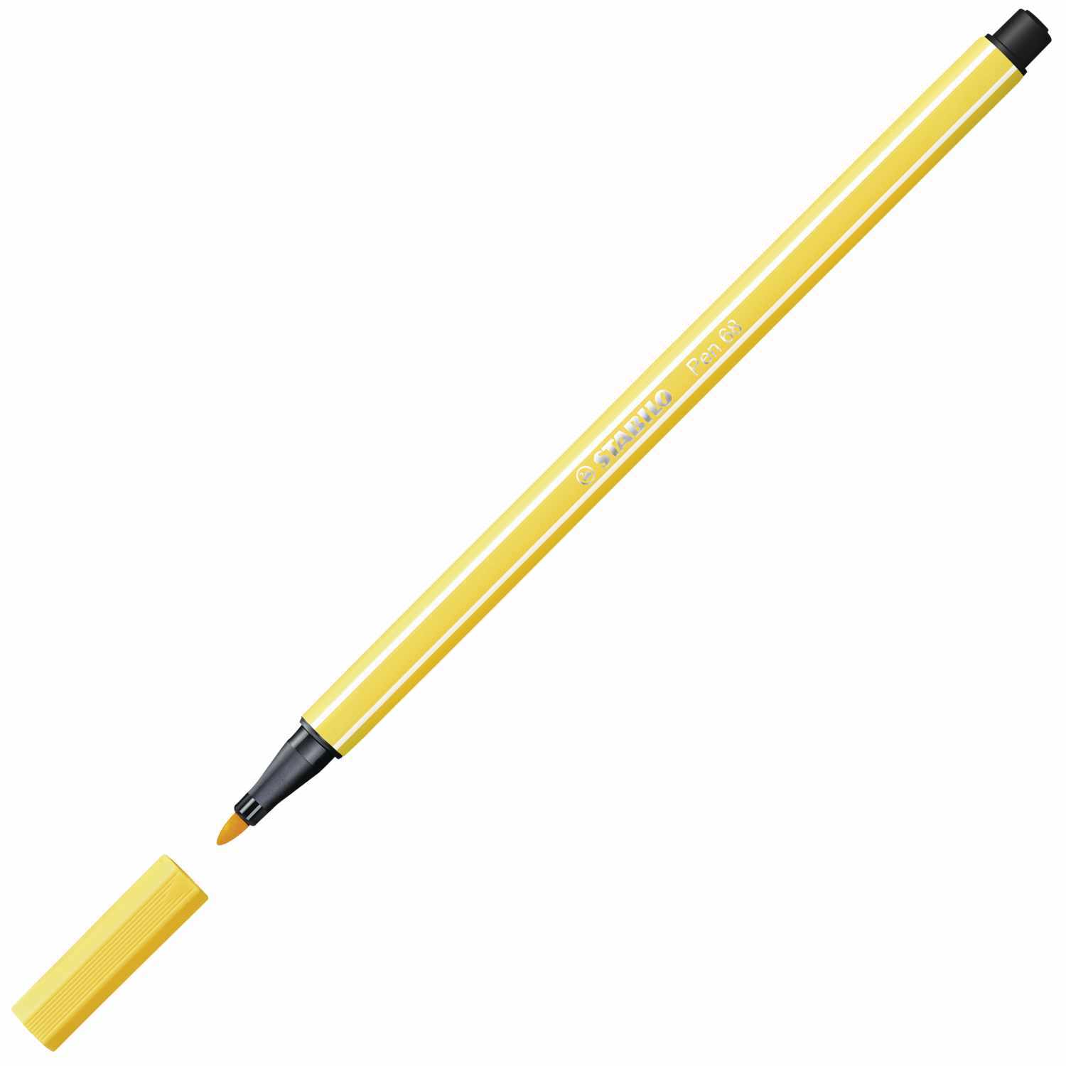 Pen 68 von STABILO in Gelb, abgebildet mit abgenommener Kappe, ideal für präzises Zeichnen.
