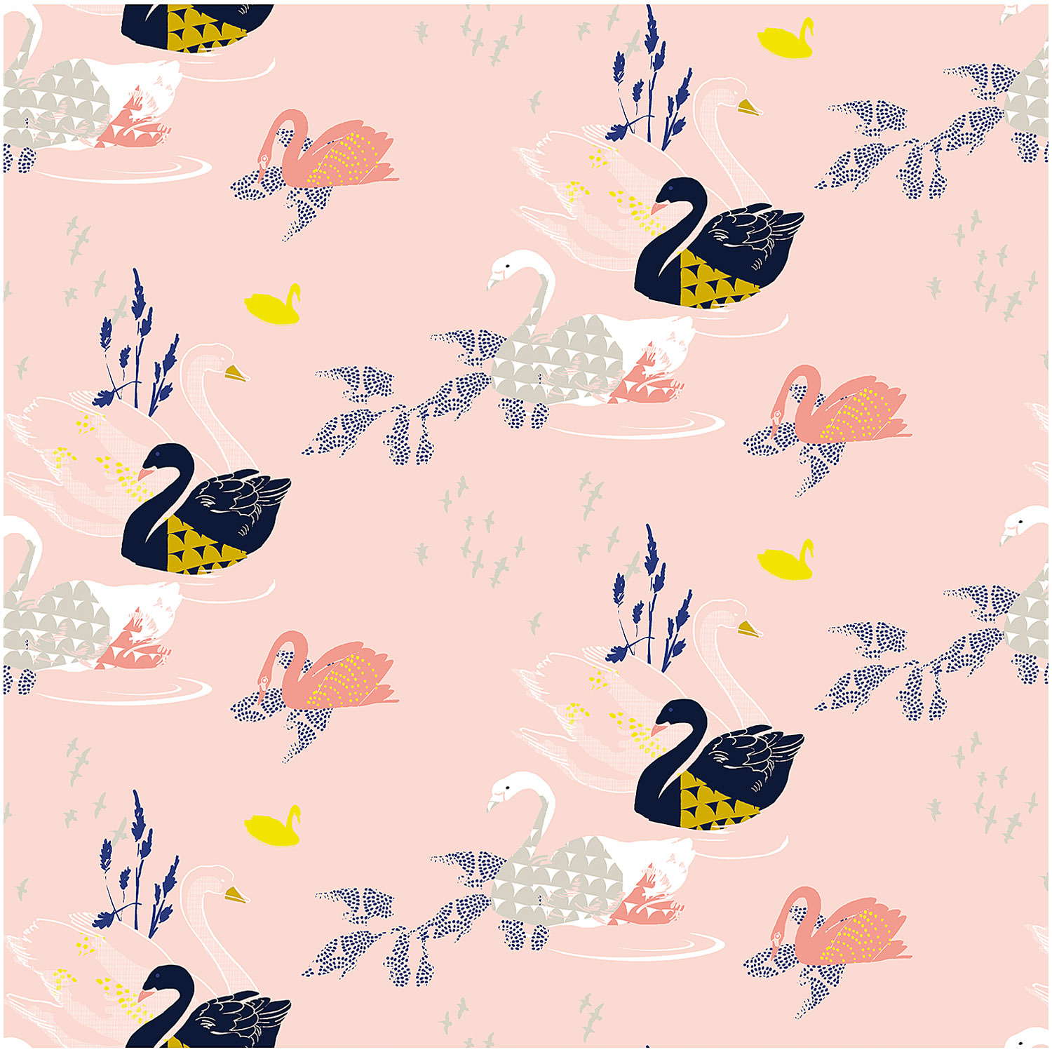 Druckstoff Okina Hana zeigt elegante Schwäne in rosa und schwarz auf beschichtetem Stoff von Rico Design.