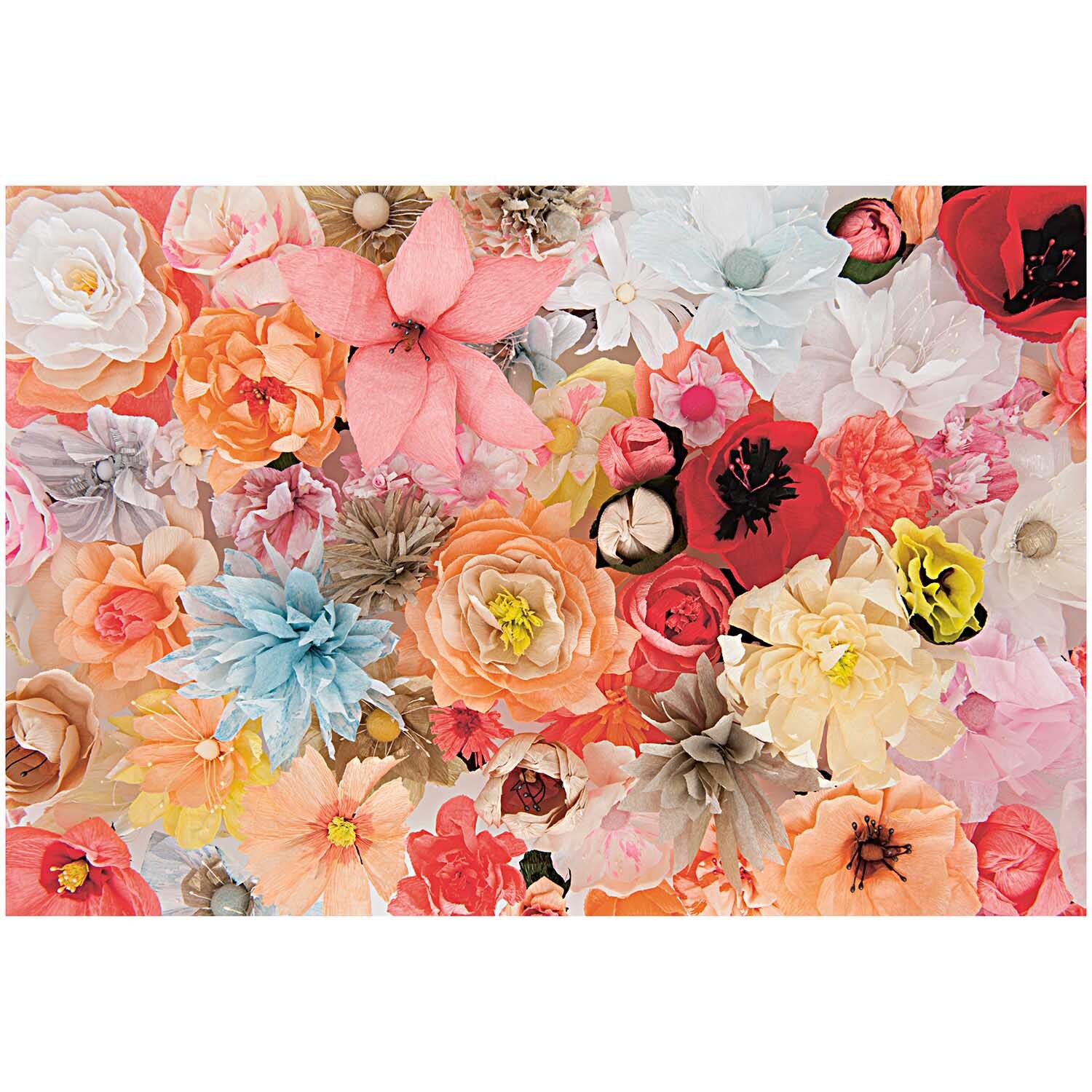 Floristenkrepp von Rico Design in leuchtendem Gelb, umgeben von bunten Papierblumen in verschiedenen Formen und Größen.