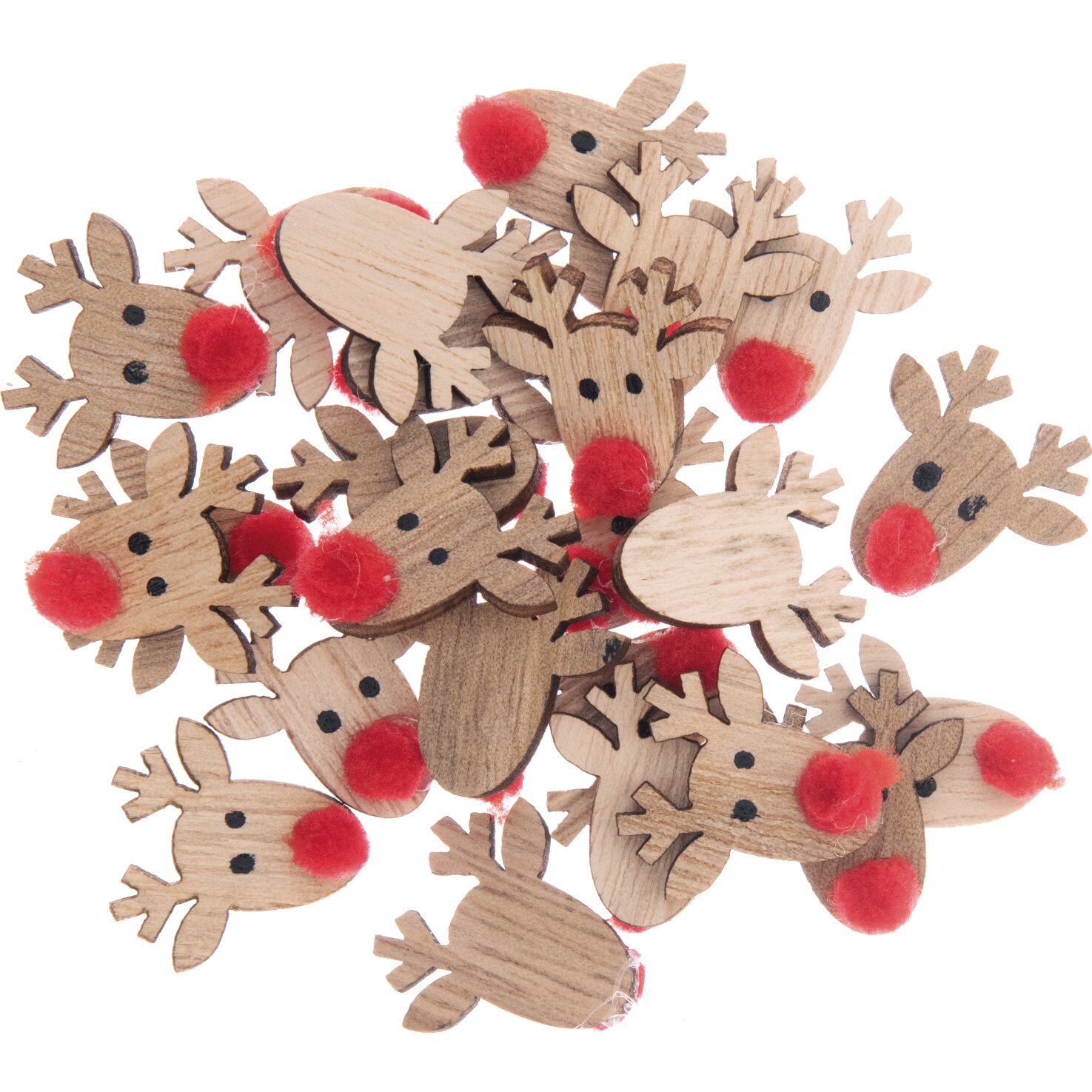 Holzstreu Rentier 23x23mm 24 Stück, natürliche Holzfarbe, rote Nasen, ideal für Weihnachtsdekorationen.