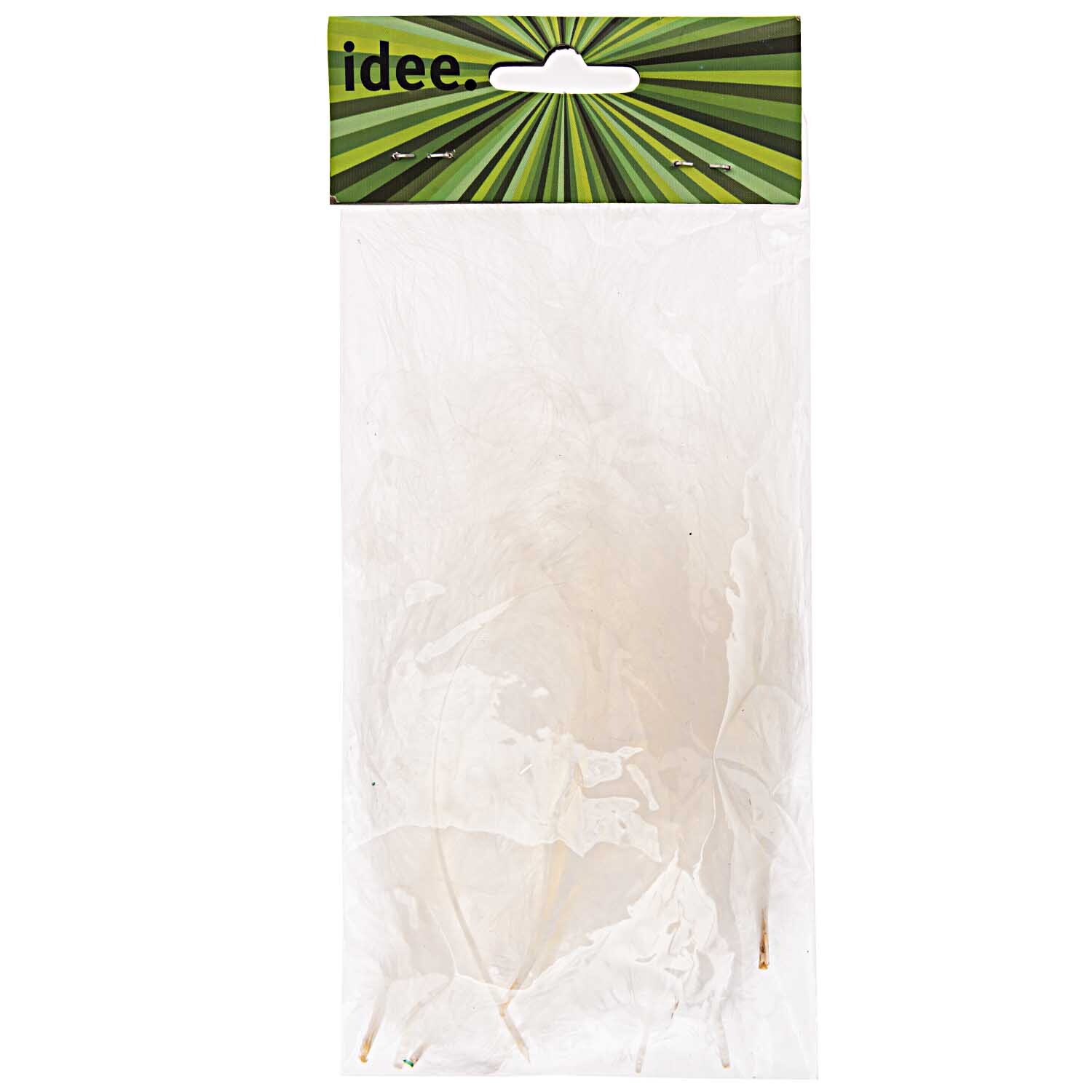 Flauschfeder weiß 2g von idee. Creativmarkt in transparenter Verpackung, ideal für Bastelprojekte.