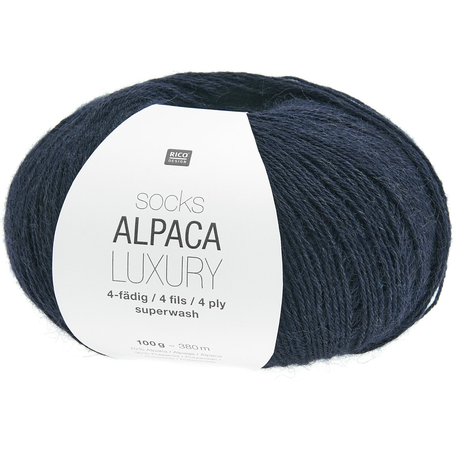 Socks Alpaca Luxury, marineblaues Garn von Rico Design, 4-fädig, ideal für Strickprojekte.