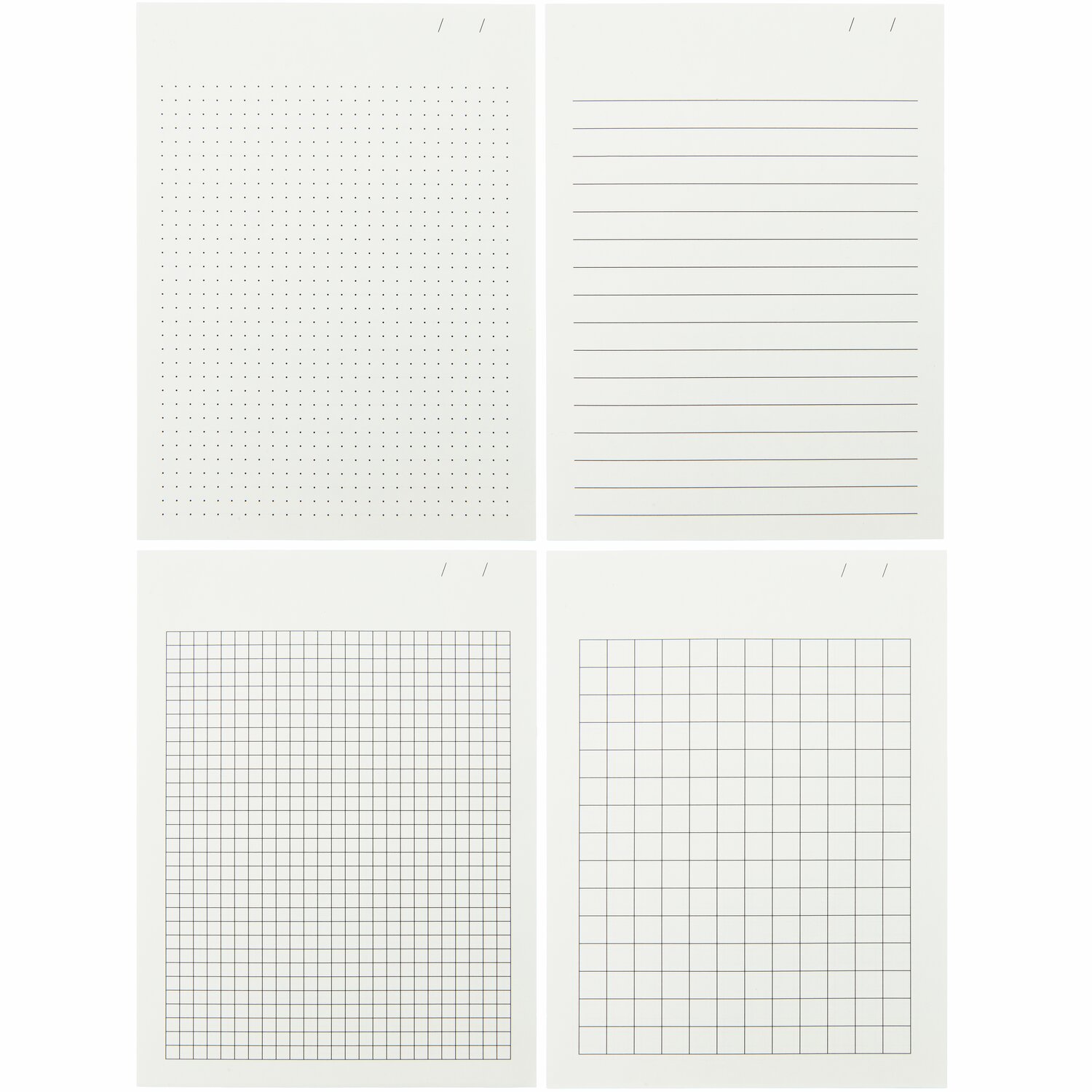Paper Poetry Notizbuch S, offwhite, 9x12,8cm, zeigt vier Seiten mit verschiedenen Lineaturen.