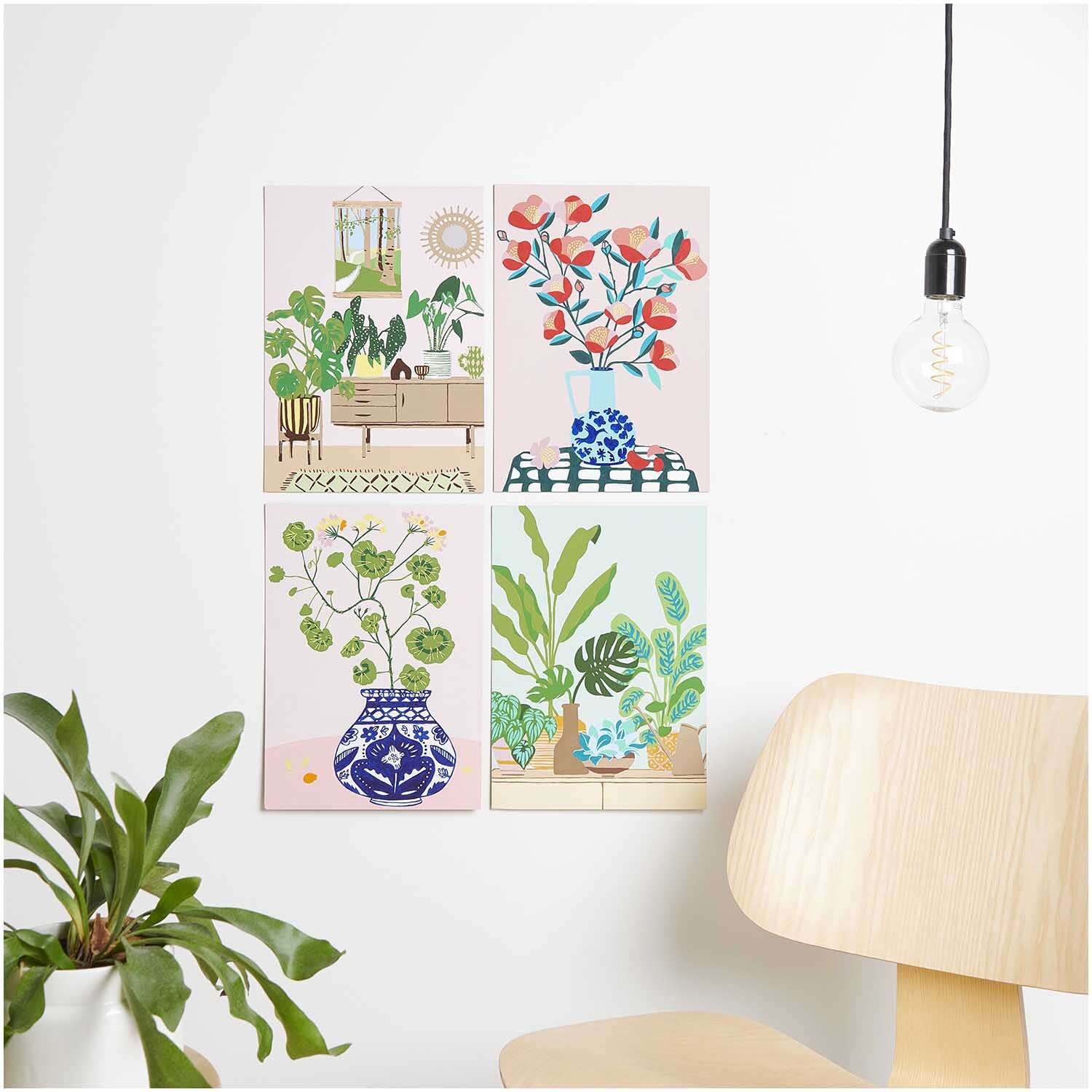 Rico Design Malen nach Zahlen Urban Jungle zeigt vier bunte Pflanzenbilder an einer weißen Wand.