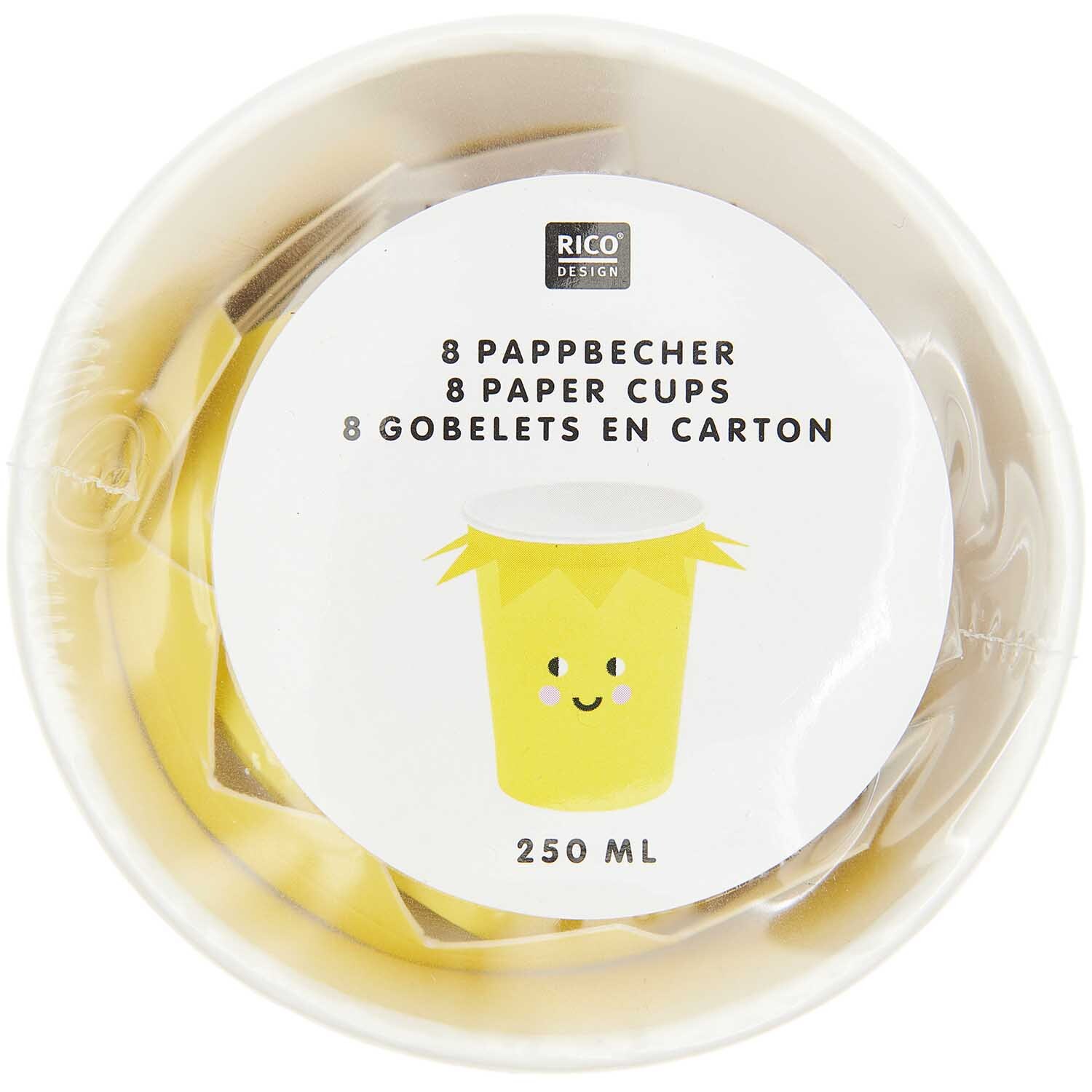 Pappbecher Sonne 250ml 8 Stück von Rico Design in Gelb, mit fröhlichem Gesichtsmotiv, ideal für Partys.