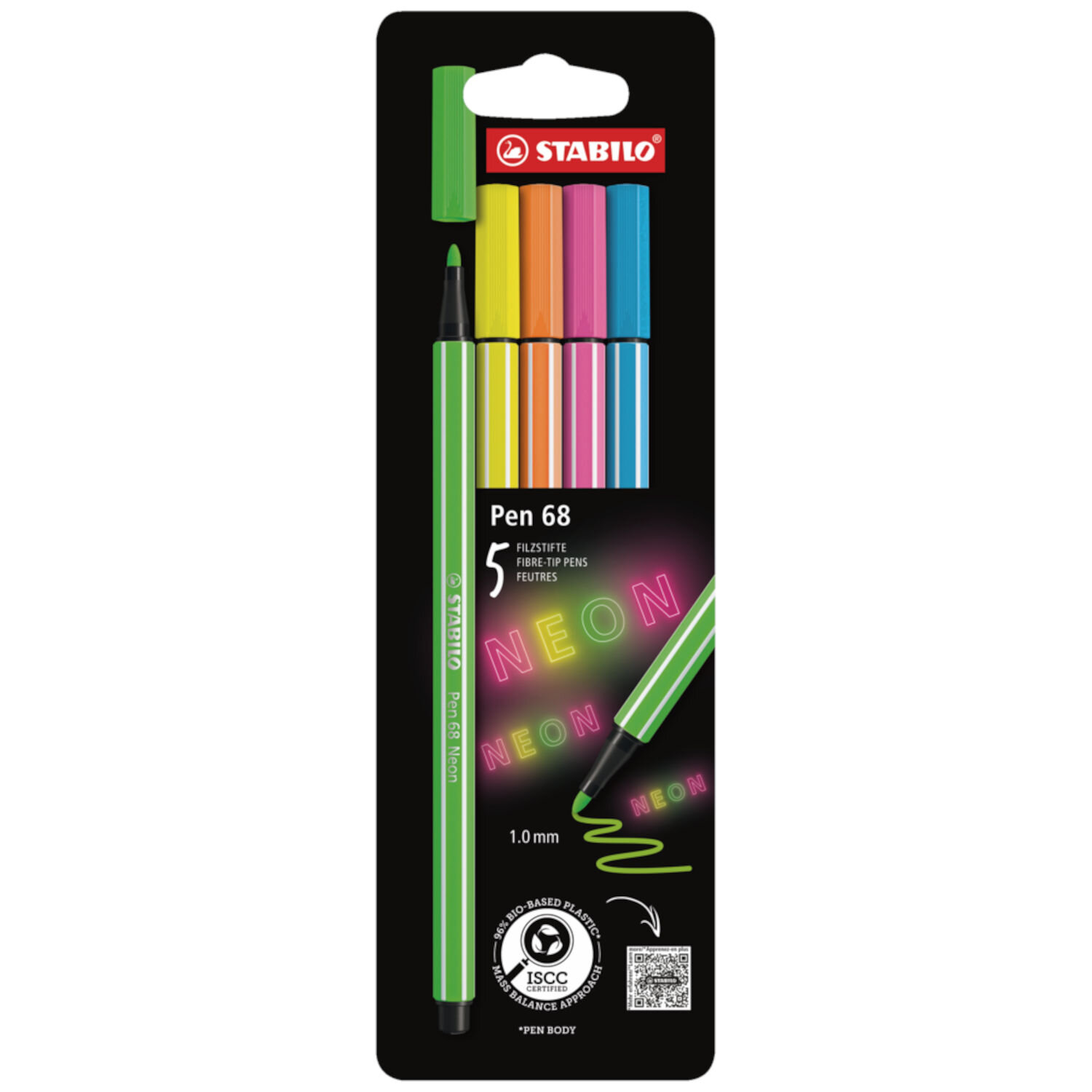STABILO Pen 68 Filzstift Neon Set 5 Stück, farbintensive Filzstifte mit fünf leuchtenden Neonfarben in Blisterverpackung, ideal für Markierungen und kreative Zeichnungen