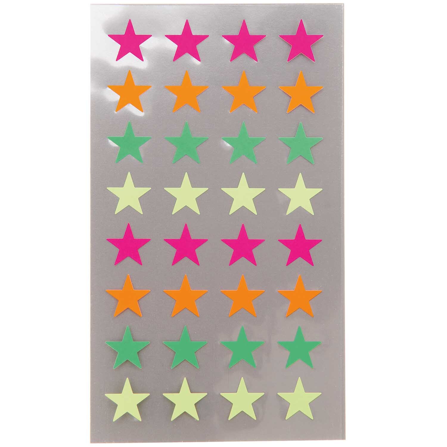 Paper Poetry Sticker Sterne neon 4 Blatt mit bunten Sternen in Pink, Orange, Grün und Gelb von Rico Design.