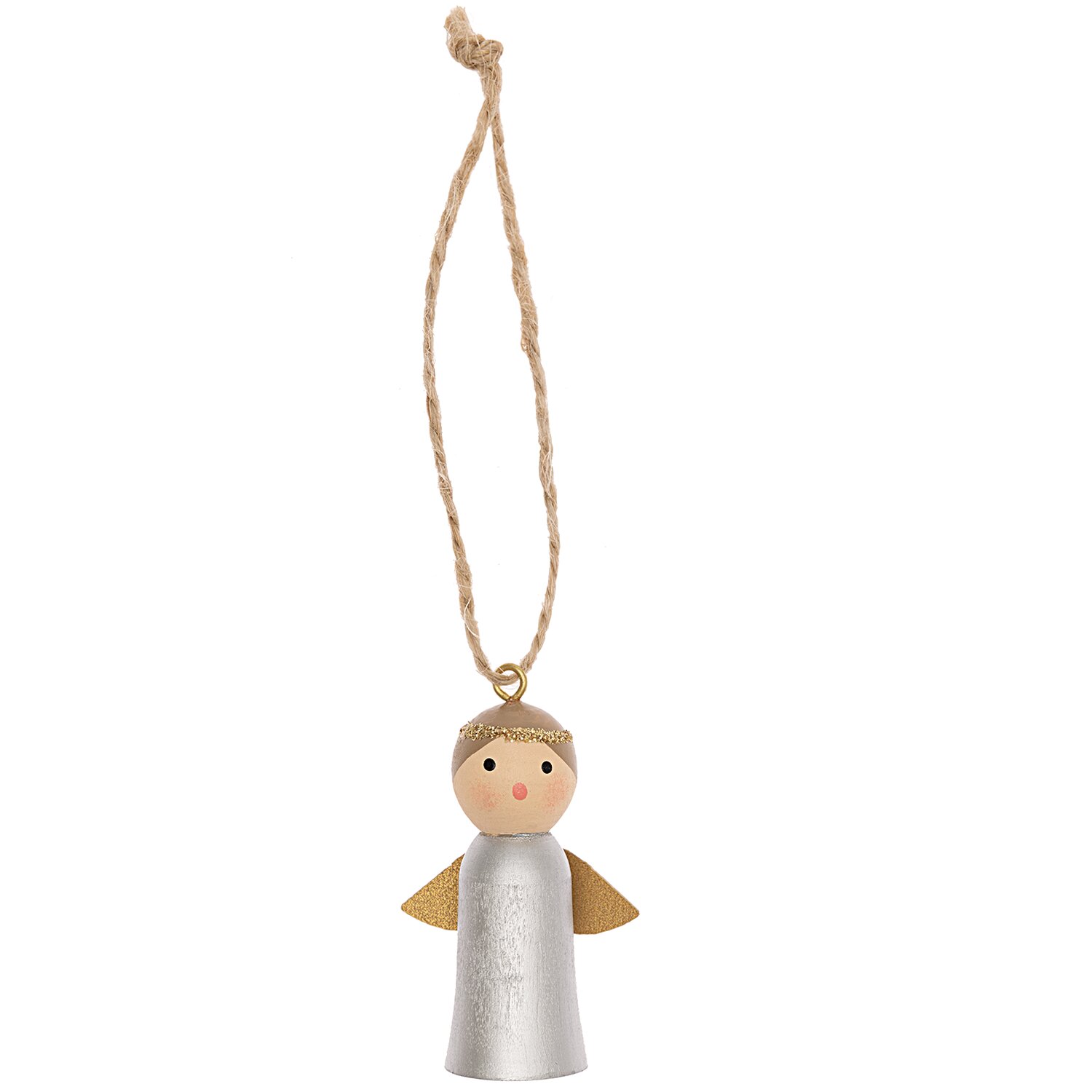 Holzhänger Engel silber 5cm: Dekorativer Engel aus Holz mit goldenen Flügeln und Aufhängung. Ideal für festliche Dekorationen.