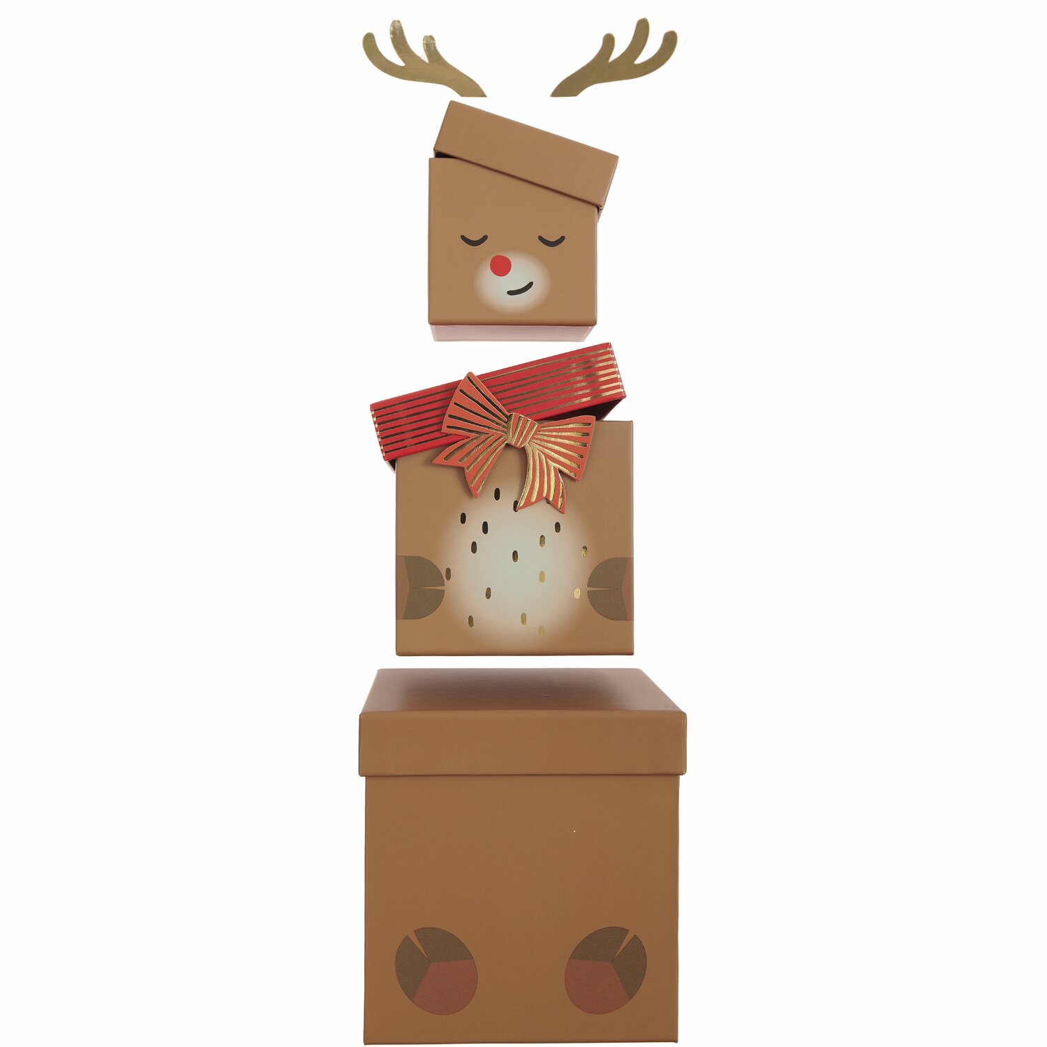 Geschenkboxen-Set Rentier, 5-teilig: Stapelbare Boxen in Rentierform mit roten Akzenten und Schleife.