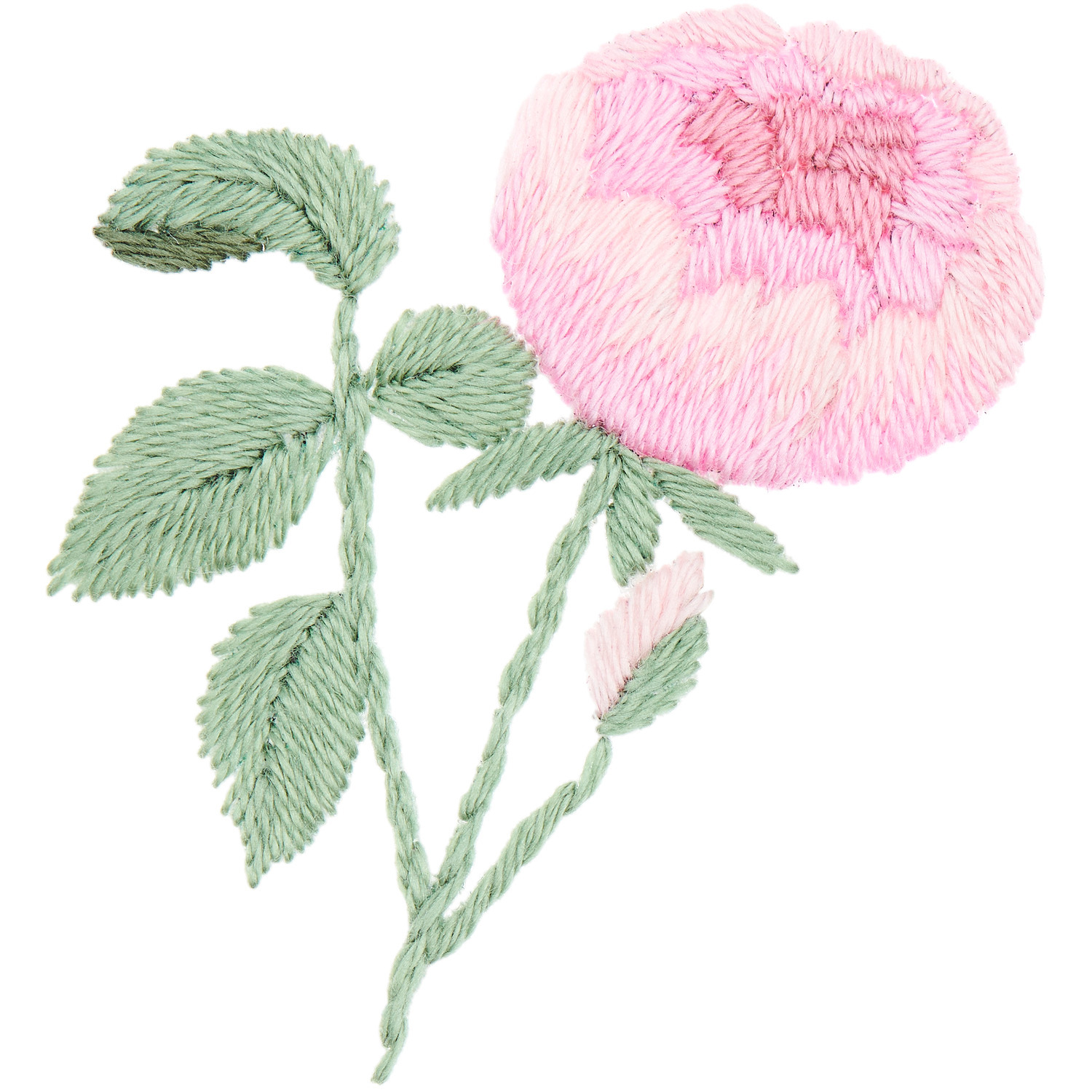 Stick and Stitch Rosen: Gestickte rosa Rose mit grünen Blättern, 15 Stück von Rico Design.