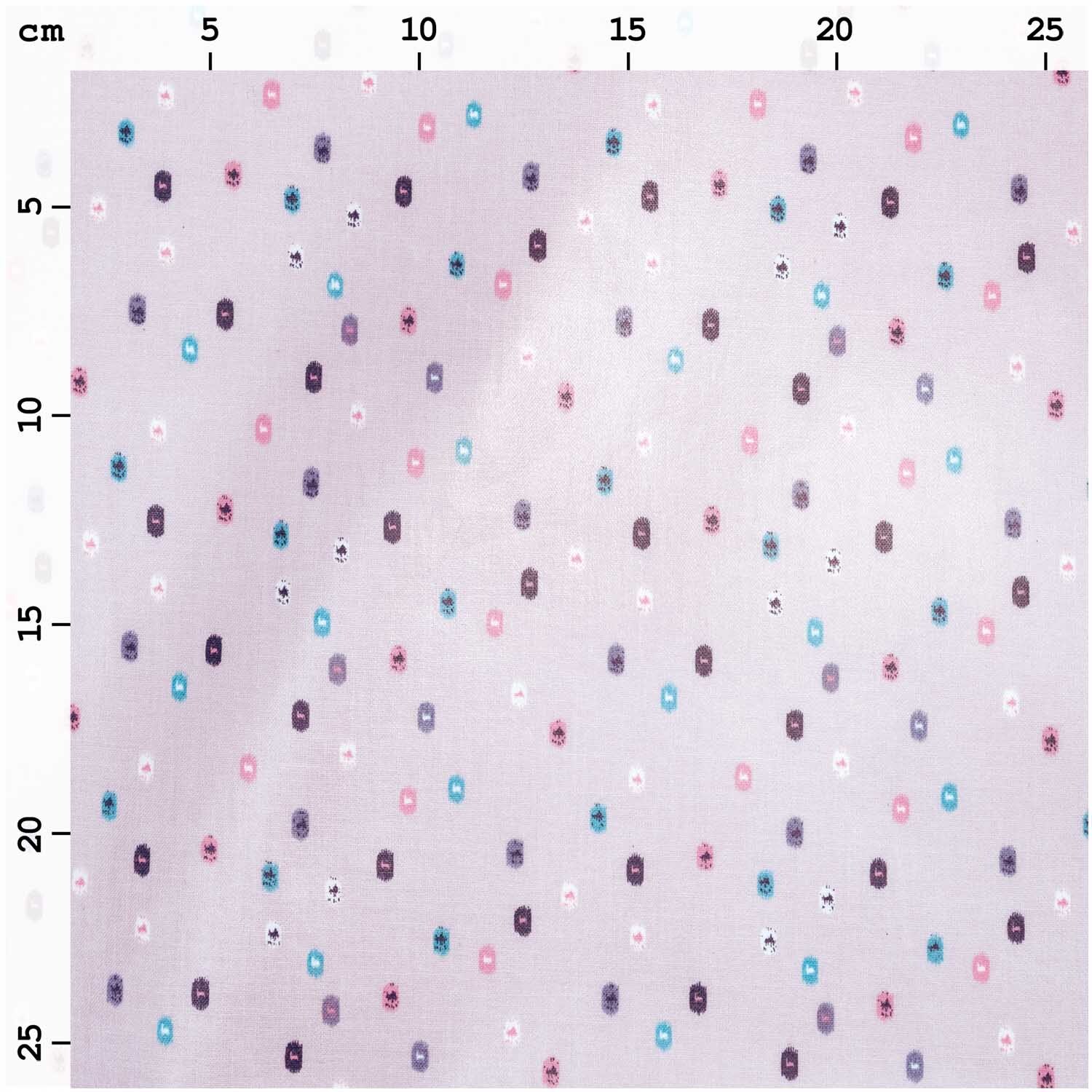 Druckstoff grafische Punkte flieder 140cm beschichtet zeigt ein Muster aus bunten Punkten auf fliederfarbenem Hintergrund. Ideal für kreative Nähprojekte.