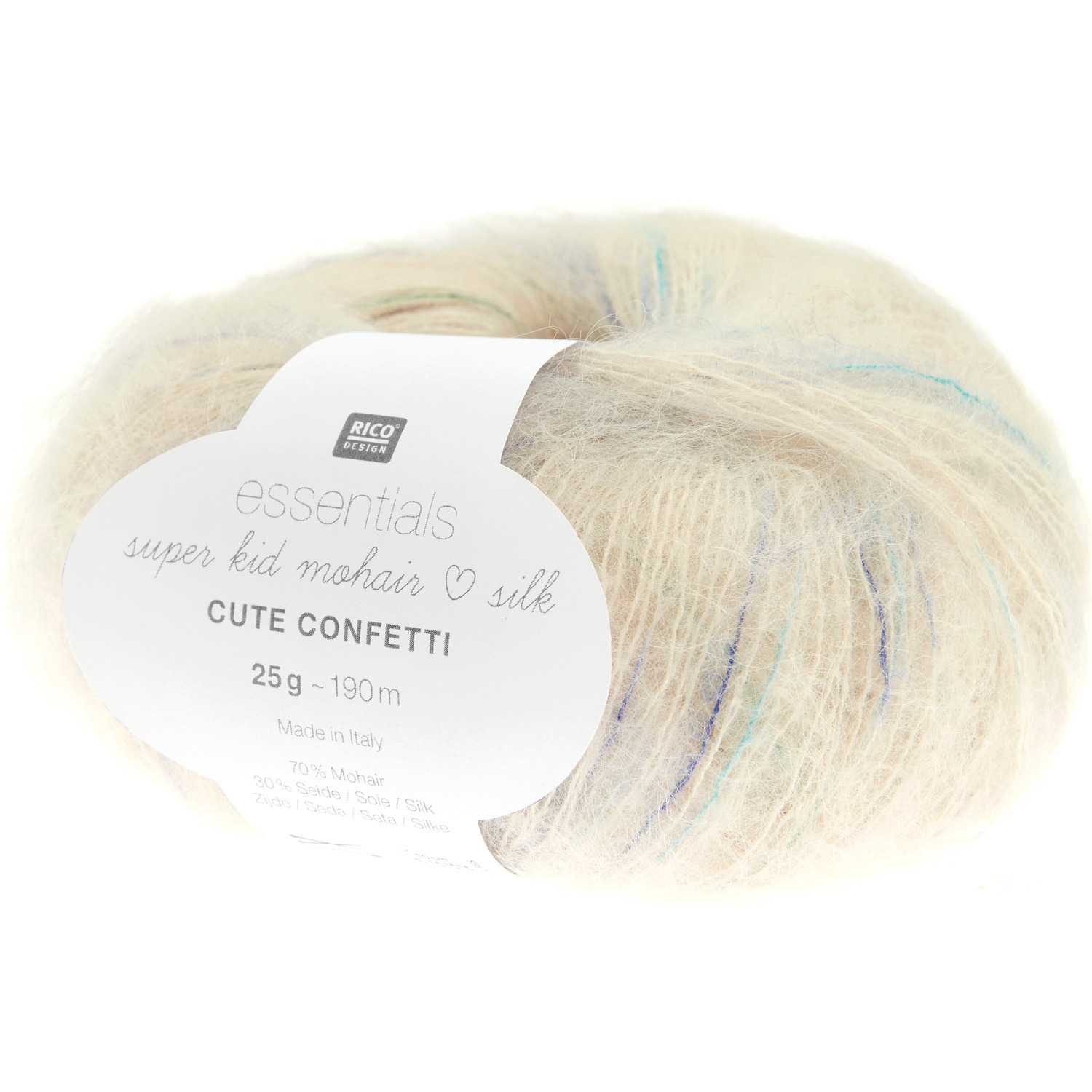 Essentials Super Kid Mohair Loves Silk Cute Confetti: Weiches Garn in Creme mit bunten Akzenten, ideal für Stricksets von Rico Design.