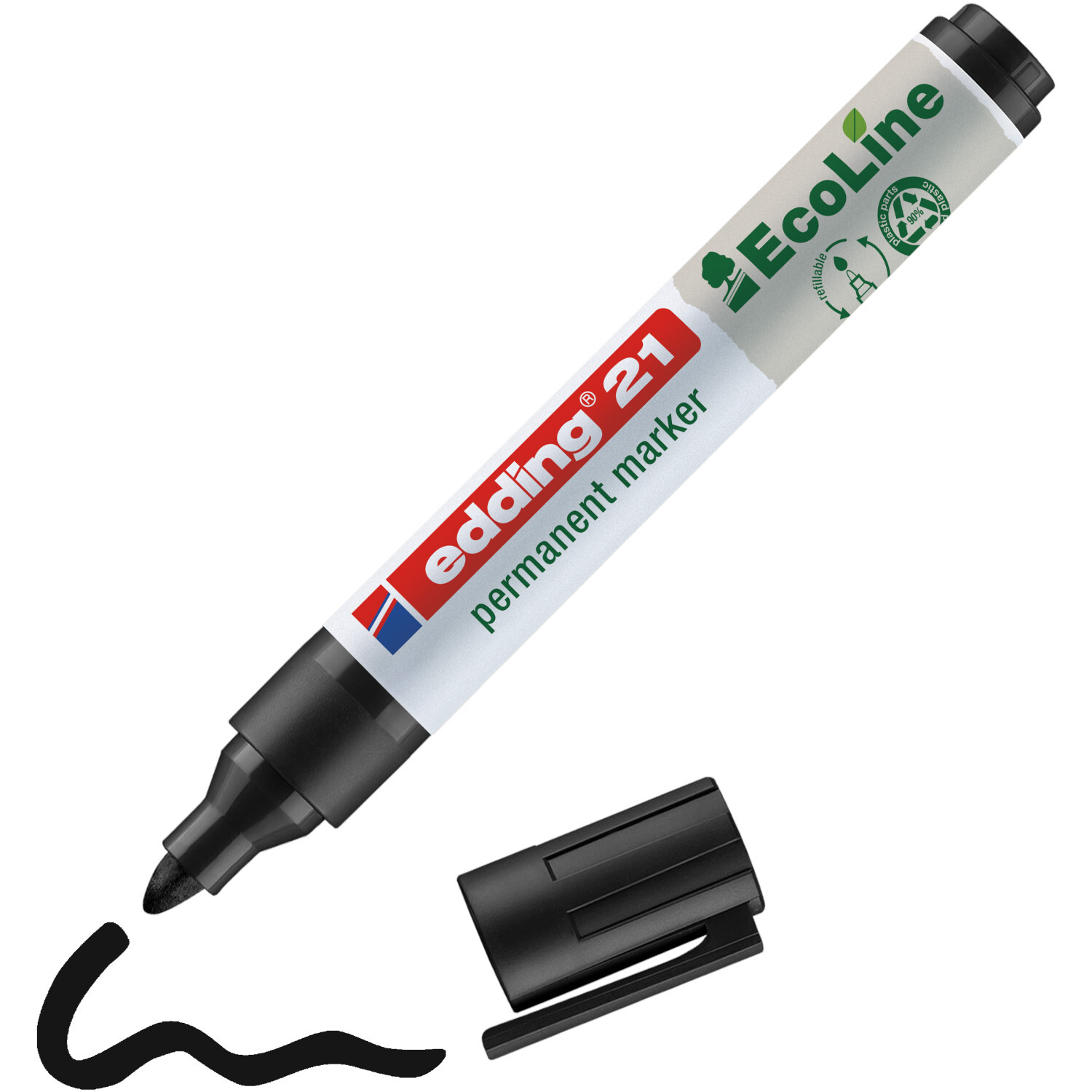 21 EcoLine Permanentmarker 1,5-3mm von edding in Schwarz, mit abnehmbarer Kappe und geschwungener Linie. Ideal für dauerhaftes Markieren.