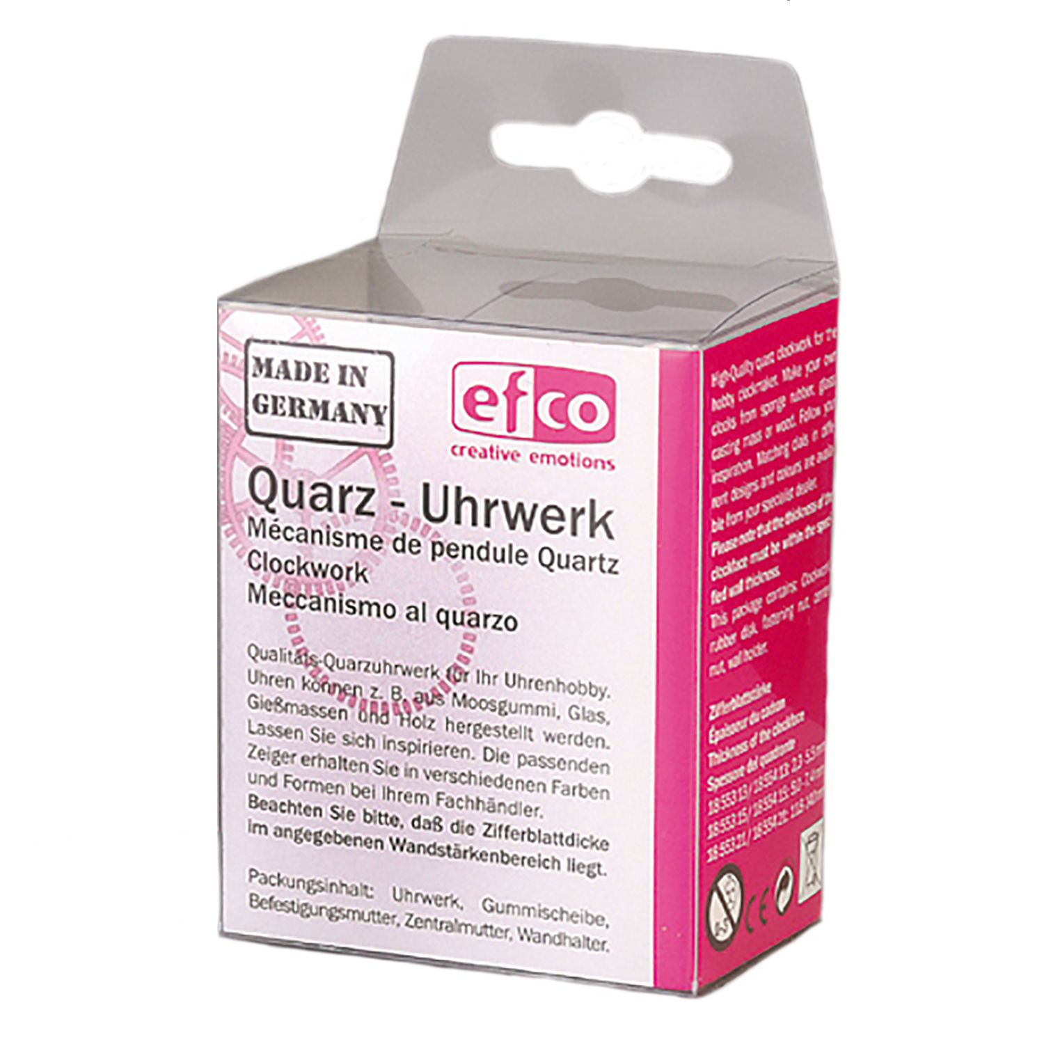 Quarzuhrwerk mit Zeiger 2,3-5,5mm in einer Verpackung von efco, ideal für Uhrenprojekte.