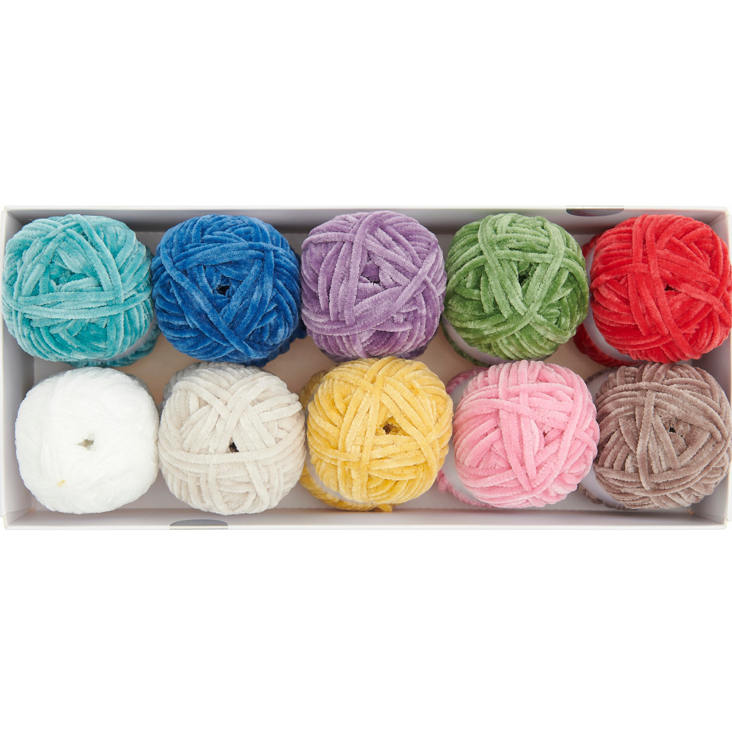 Nilli Nilli Set Rainbow: Zehn bunte Wollknäuel in einer Box, ideal für kreative Strickprojekte. Marke: Rico Design.