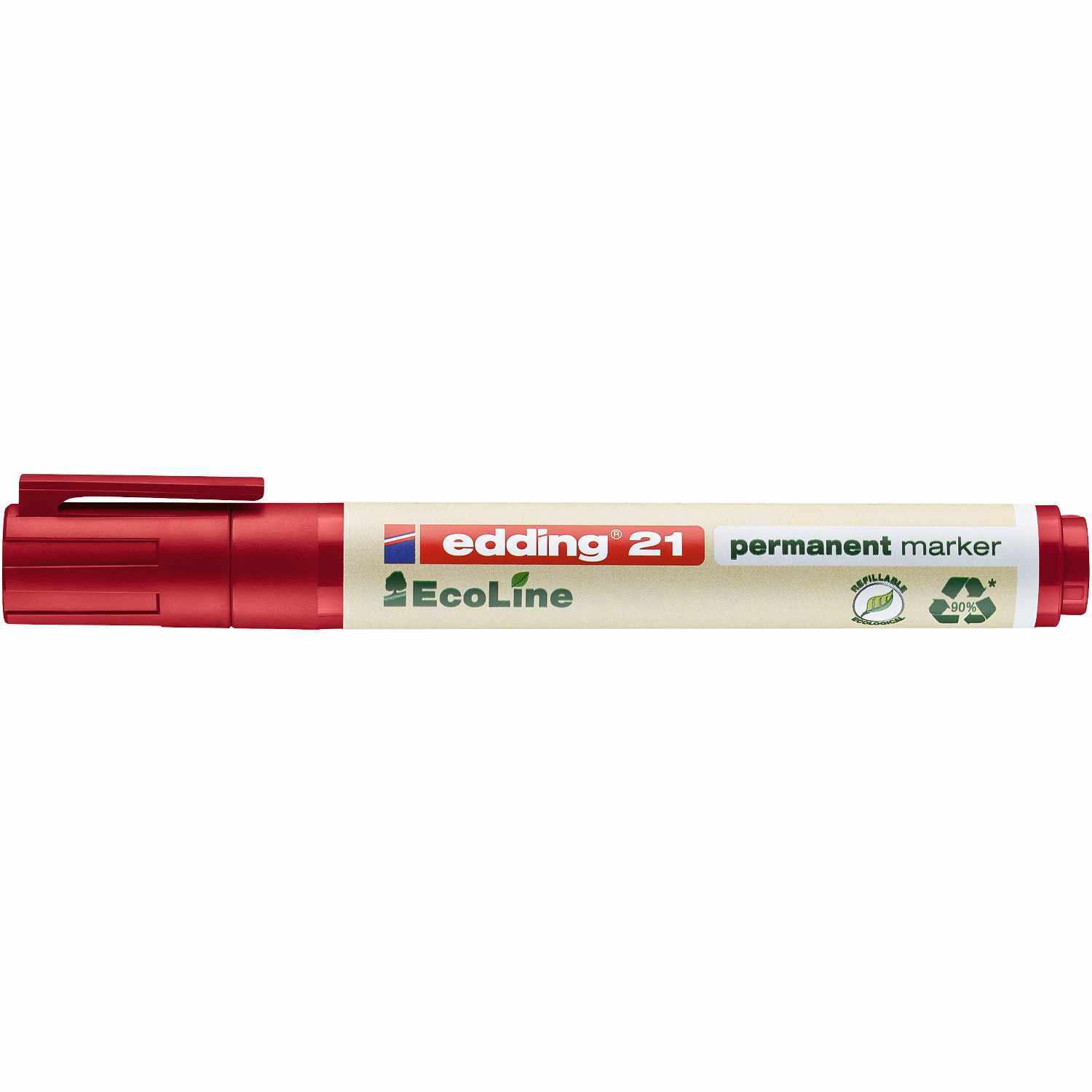 21 EcoLine Permanentmarker mit roter Kappe, 1,5-3mm Spitze, von edding, umweltfreundlich.