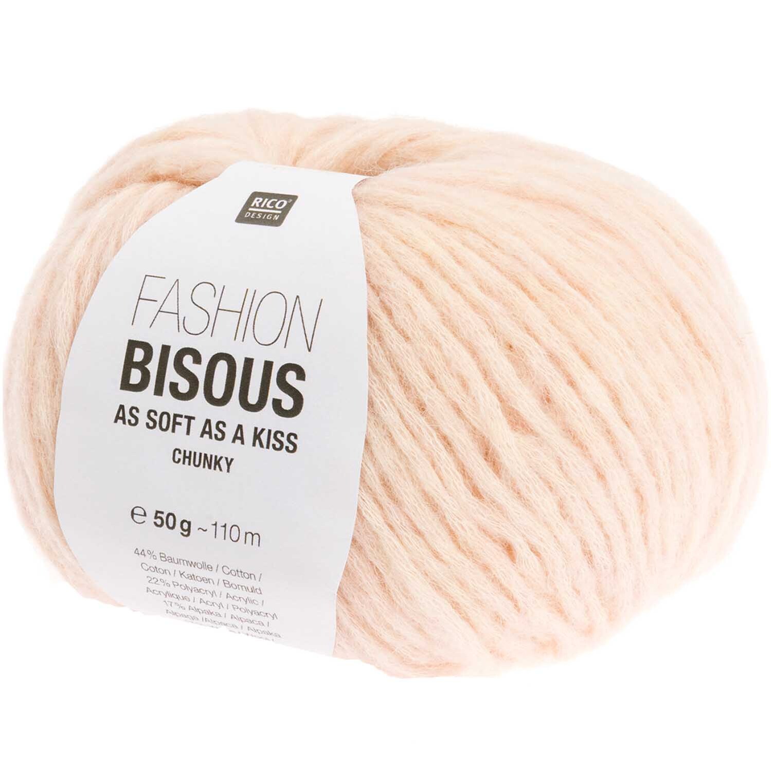 Fashion Bisous Chunky Wolle in Rosa von Rico Design, 50g Knäuel, ideal für weiche Strickprojekte.
