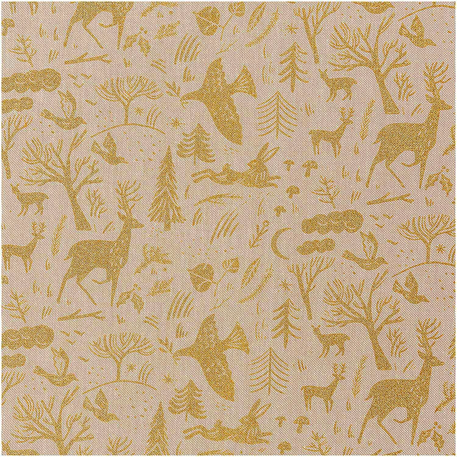 Stoff Leinenoptik Nostalgic Christmas zeigt goldene Waldtiere und Bäume auf naturfarbenem Hintergrund. Ideal für festliche Dekorationen.
