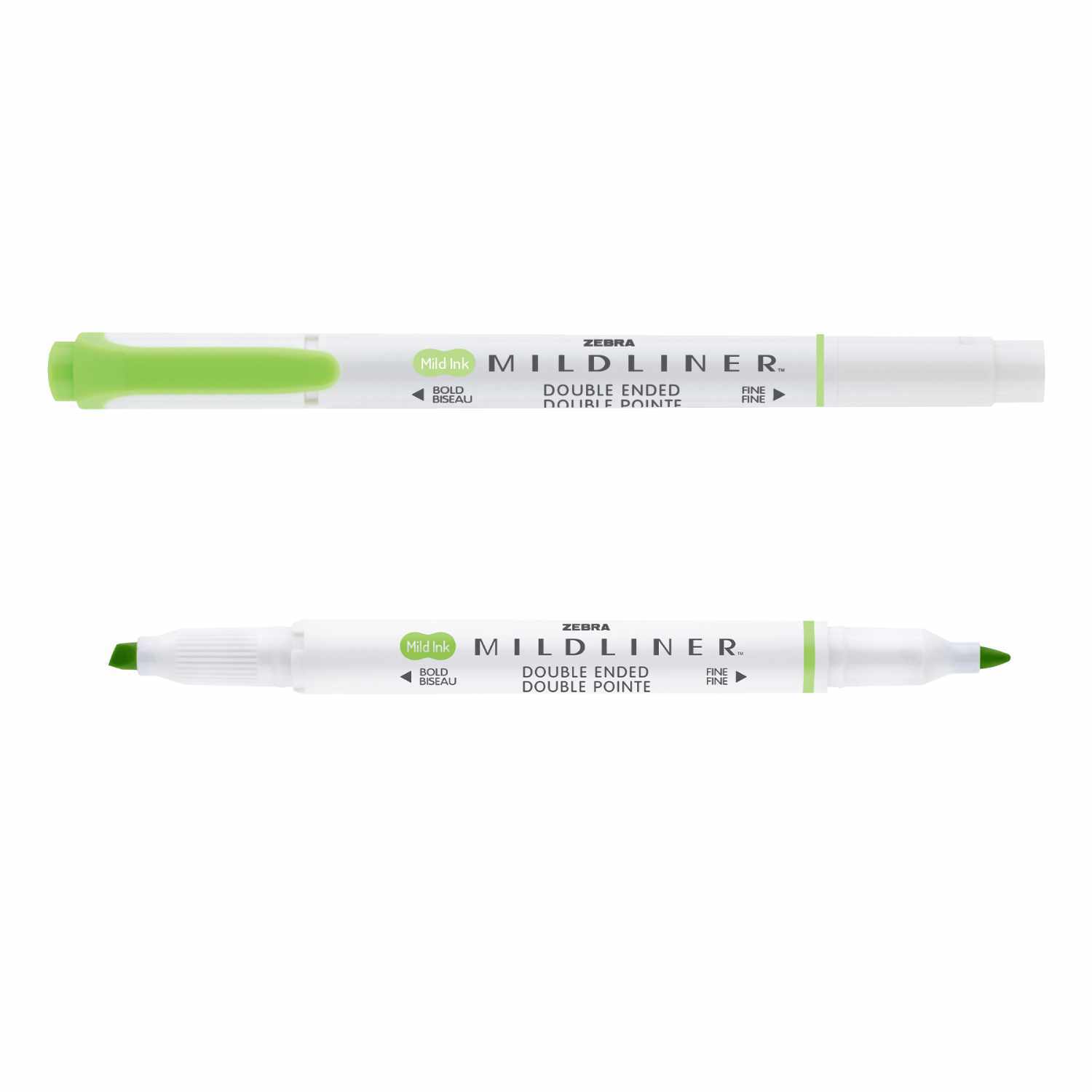 Mildliner Textmarker mit 2 Spitzen in Grün von ZEBRA, zeigt zwei Enden mit unterschiedlichen Spitzen. Ideal für präzises Markieren.