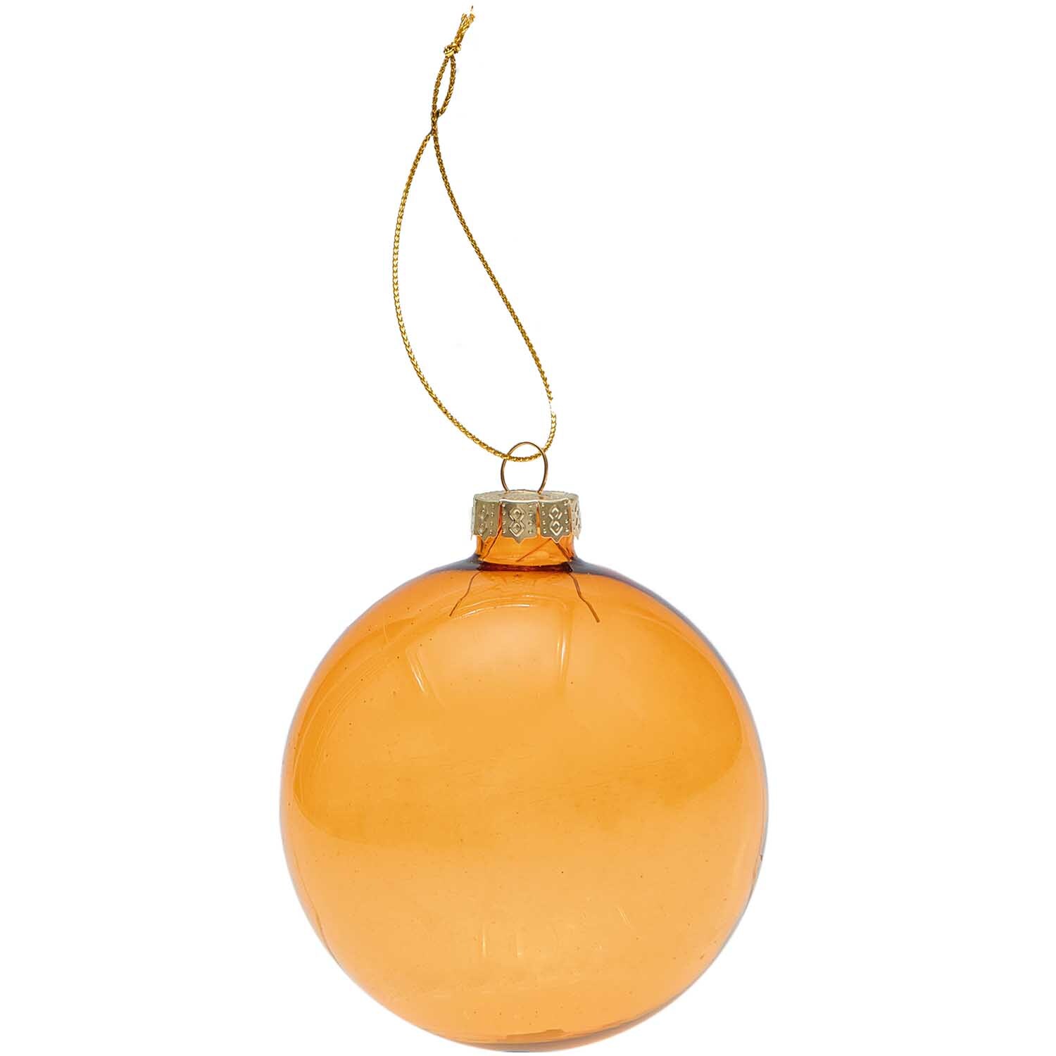 Glaskugel Baumschmuck von Rico Design, 8cm, zeigt eine transparente, orangefarbene Kugel mit goldener Aufhängung.