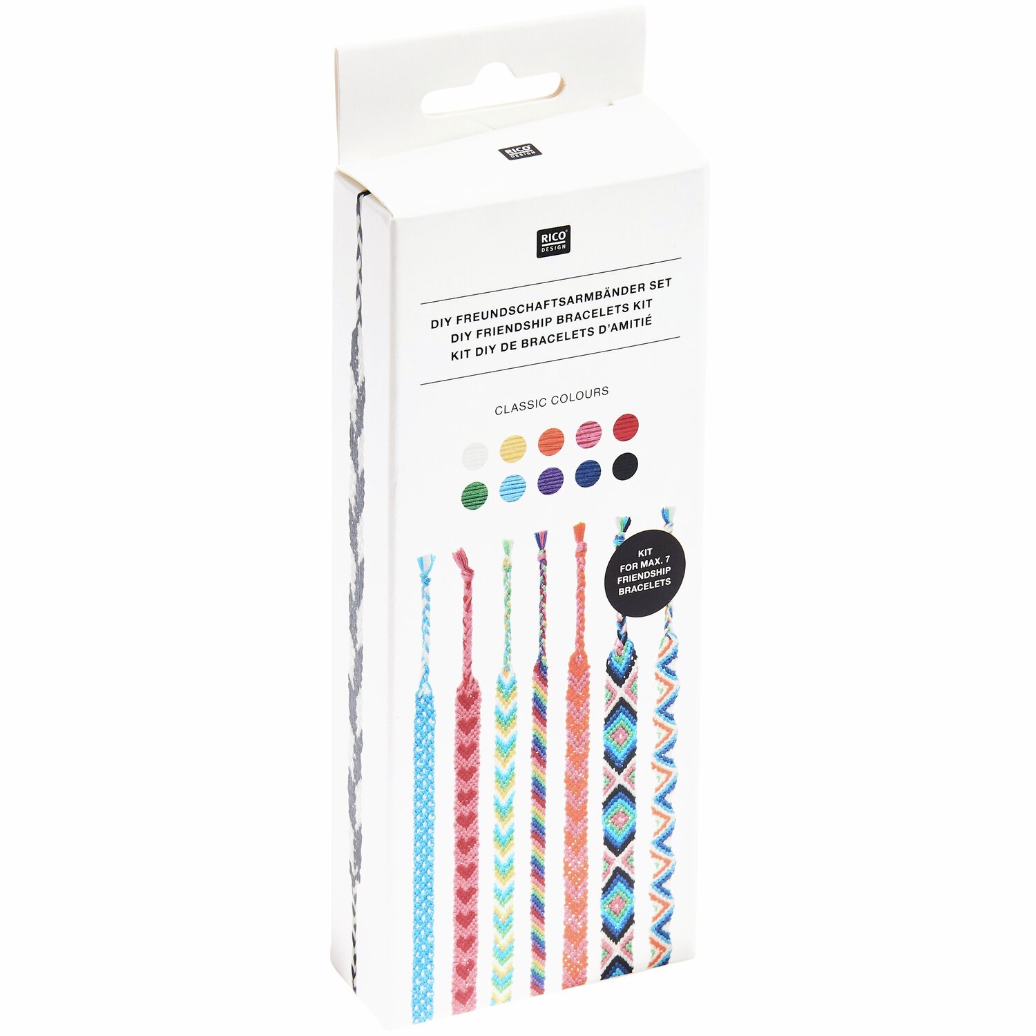 DIY Freundschaftsarmbänder Set Classic Colours: Bunte Fäden in Verpackung von Rico Design. Ideal für kreative Bastelprojekte.