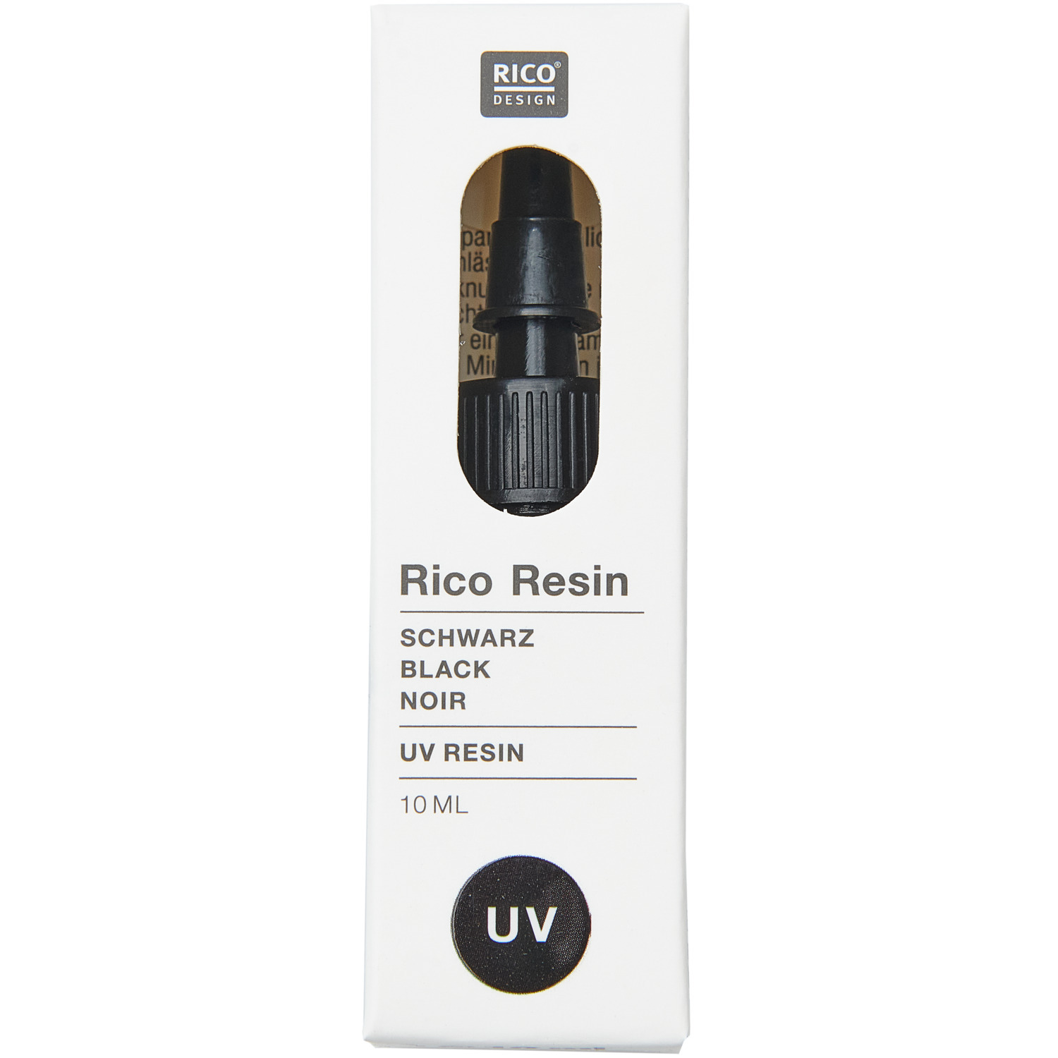 UV Resin von Rico Design in Schwarz, 10ml. Die Verpackung zeigt das Produkt mit klarer Beschriftung.