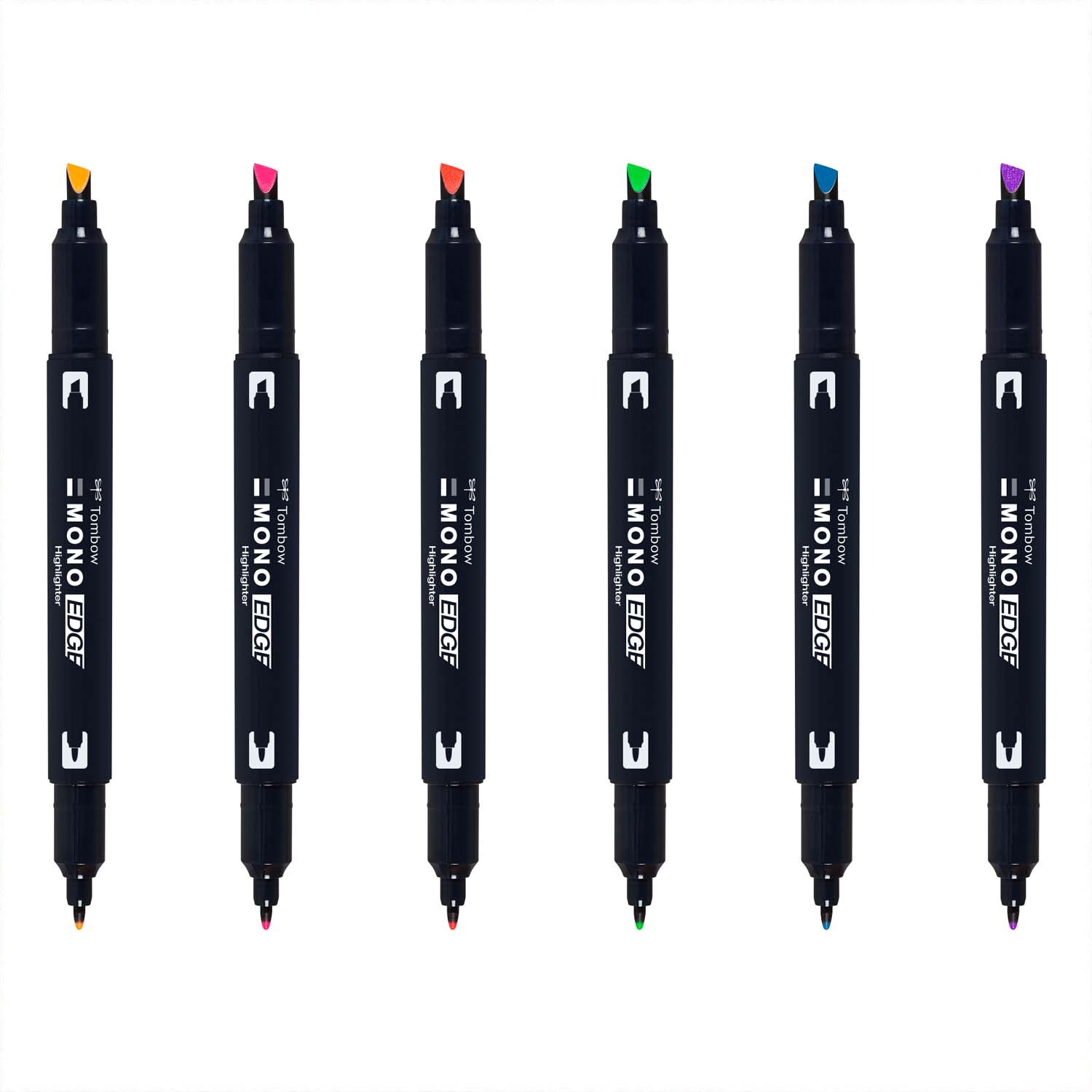 MONO edge Textmarker von Tombow, 6-teiliges Set in verschiedenen Farben, auf weißem Hintergrund.