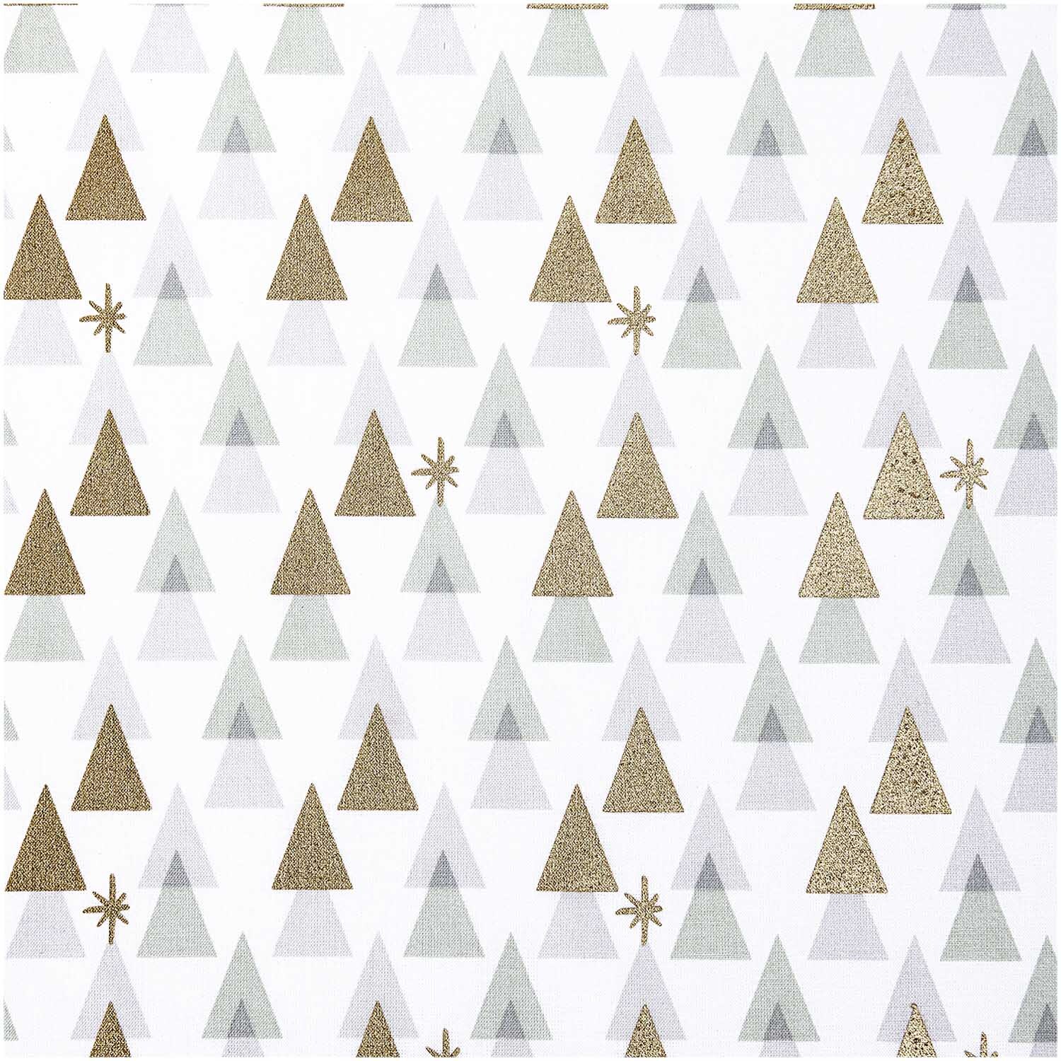 Druckstoff grafische Tanne: Weiß-goldenes Muster mit stilisierten Tannenbäumen von Rico Design.
