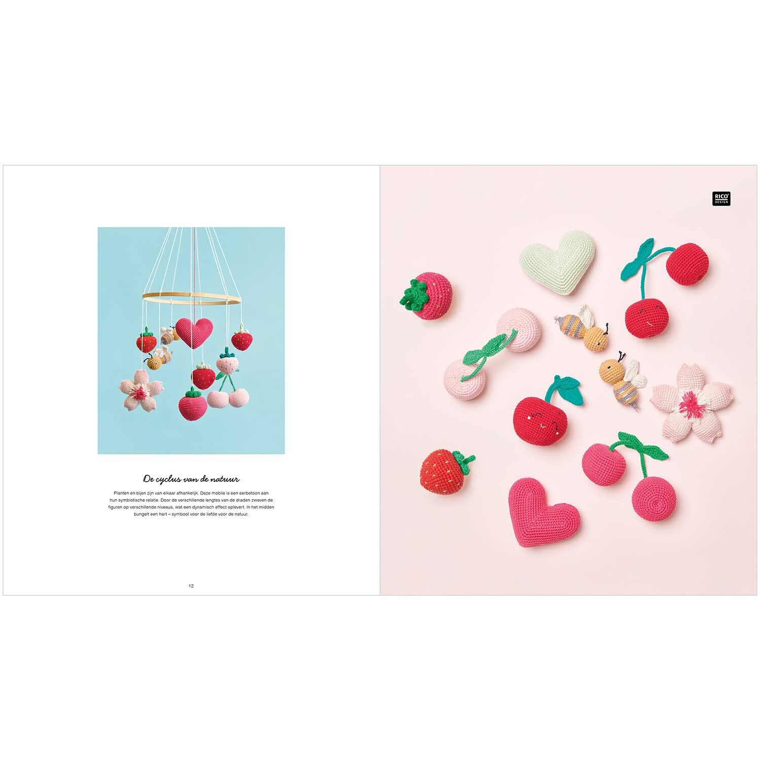 Ricorumi Just Bees + Fruits + Flowers niederländisch: Bunte Häkelmotive von Bienen, Früchten und Blumen auf hellem Hintergrund. Ideal für kreative Projekte.
