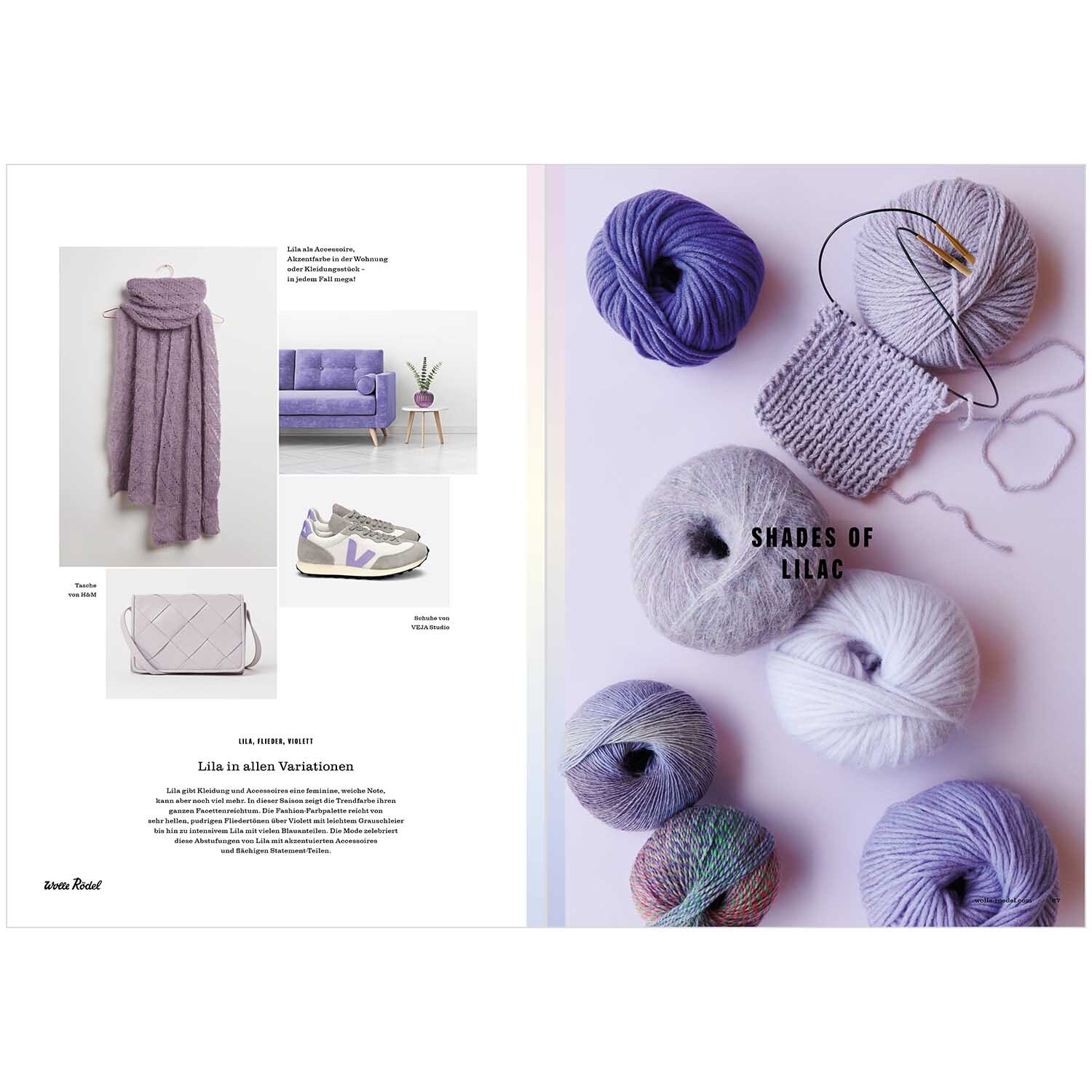 Die Neue Masche Nr. 02 Winter: Strickgarn in Lila- und Grautönen von Wolle Rödel, ideal für kreative Projekte.