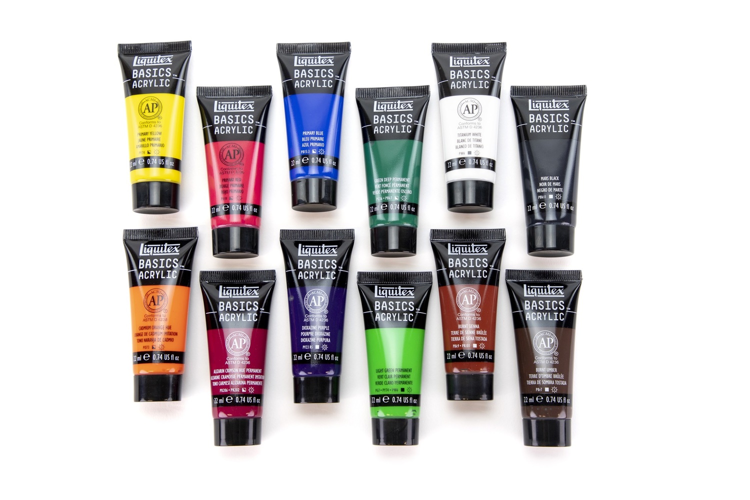 Basics Acrylfarben Set 12x22ml zeigt zwölf bunte Liquitex-Farbtuben in verschiedenen Farbtönen.