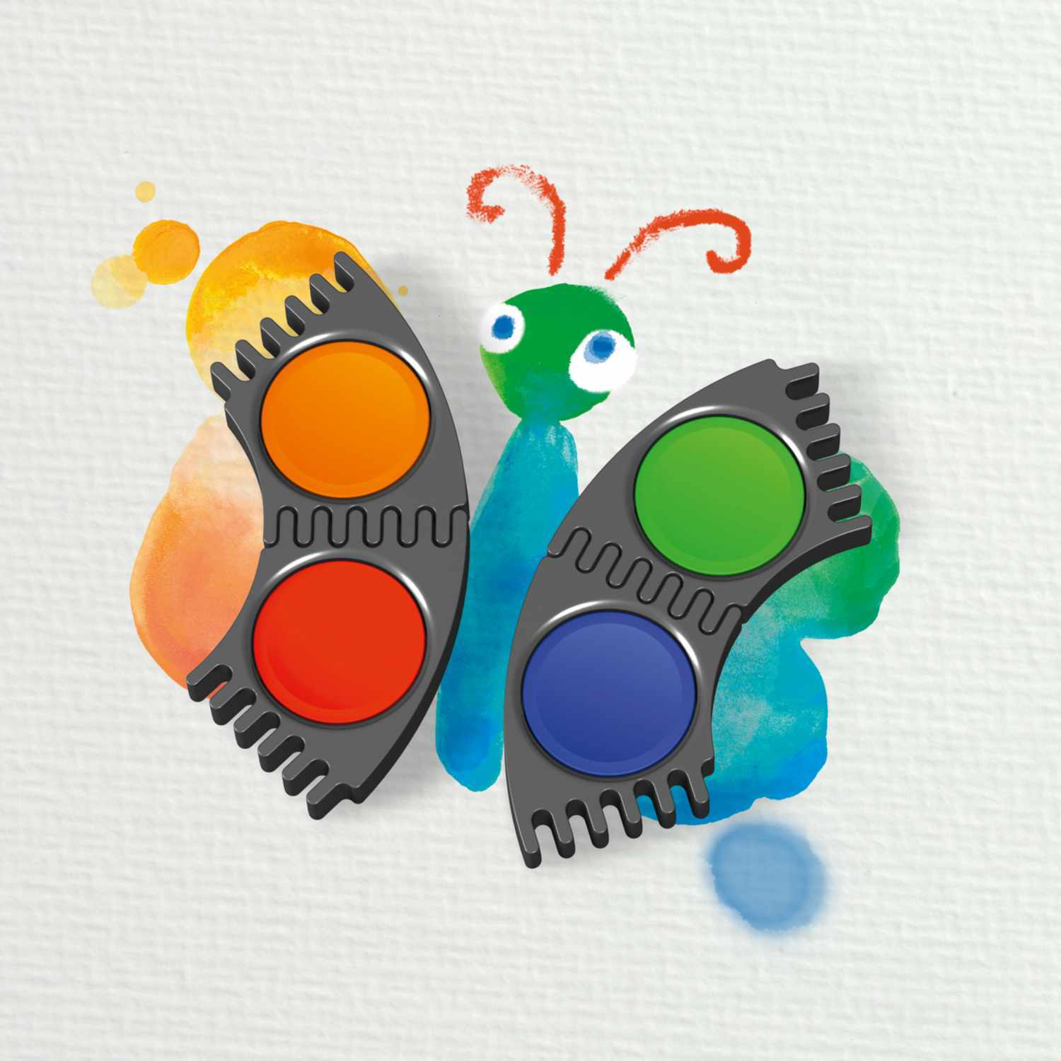 Farbkasten Connector 24 Farben von Faber Castell: Ein Schmetterling aus bunten Wasserfarben mit leuchtenden Flügeln in Orange, Grün und Blau.
