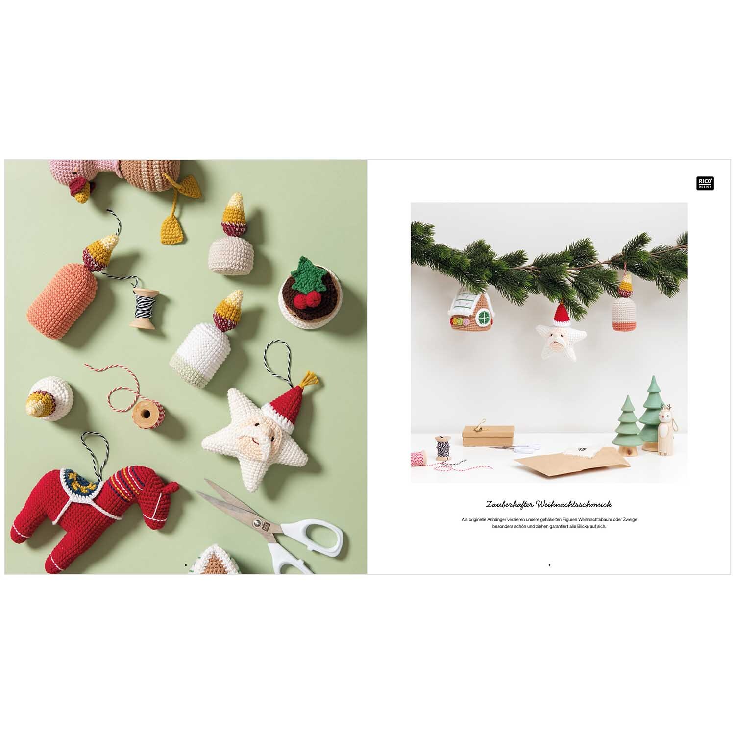 Ricorumi Christmas deutsch: Handgefertigte Weihnachtsdekorationen aus Garn, darunter ein rotes Pferd und ein Stern, auf grünem Hintergrund.
