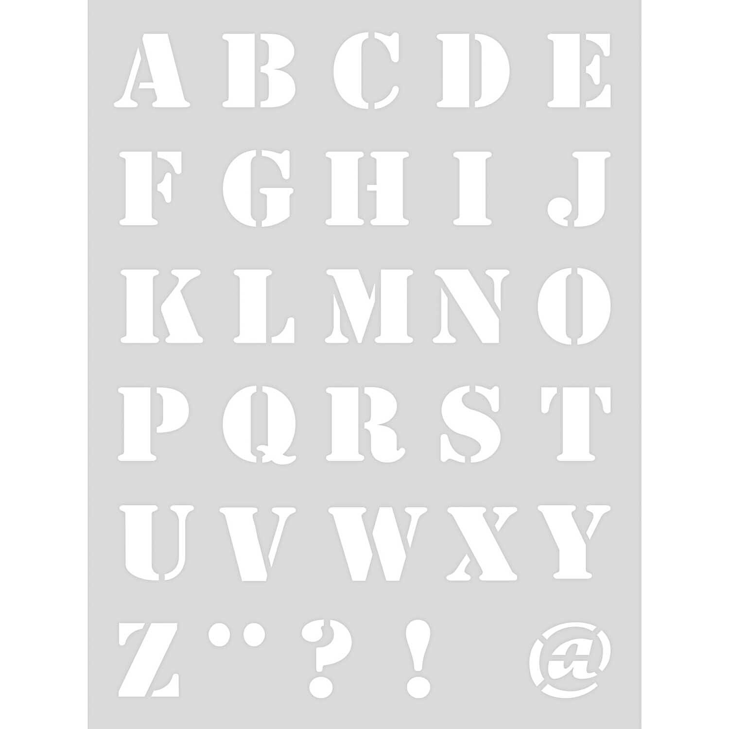 Schablone Alphabet 1 von Rico Design, selbstklebend, zeigt Buchstaben A-Z und Symbole auf weißem Hintergrund. Ideal für kreative Projekte.